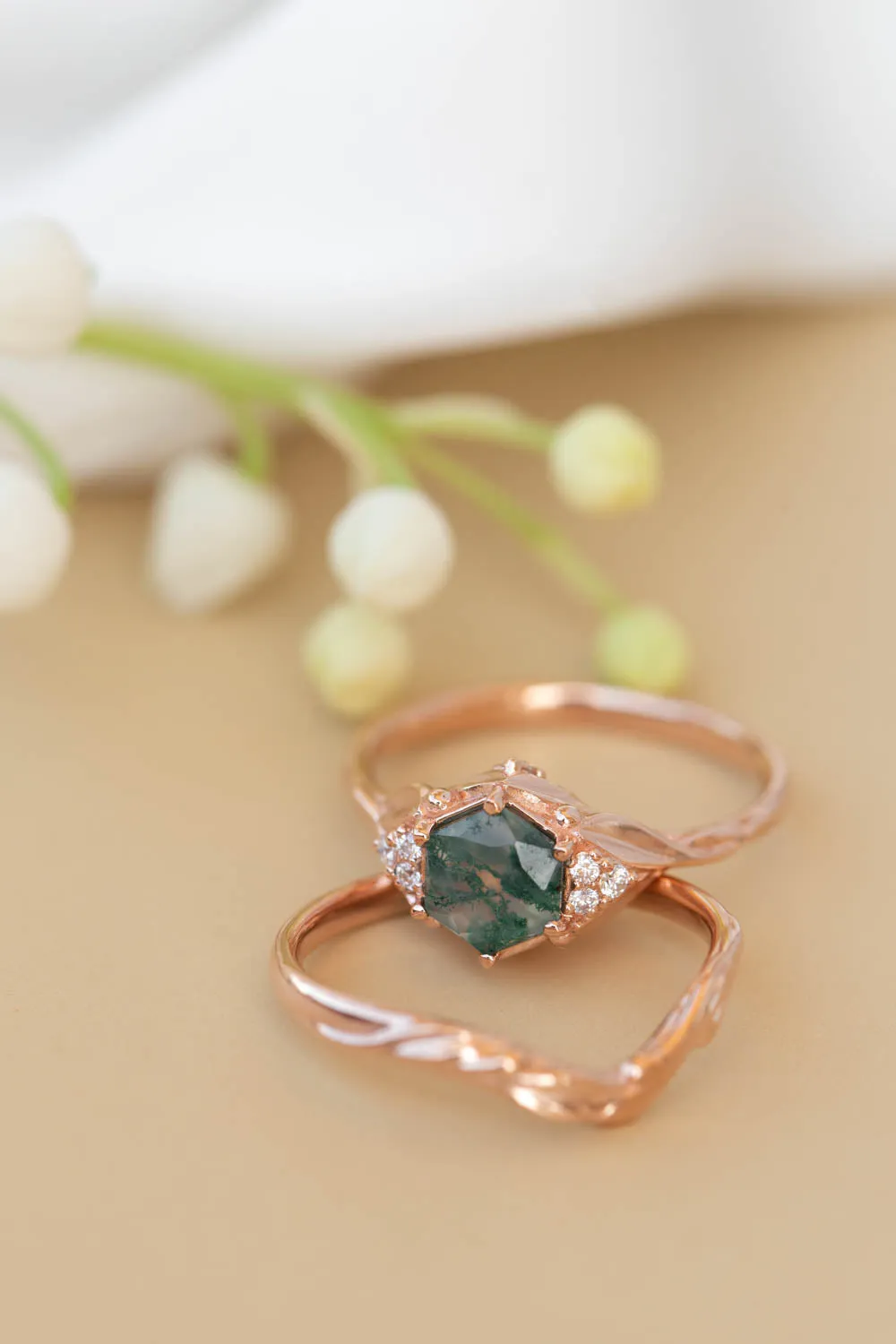 Moss agate bridal ring set, nature inspired engagement ring set with diamonds / Roma