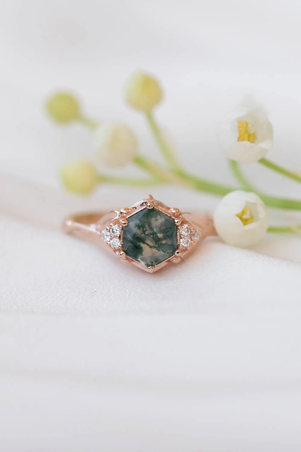 Moss agate bridal ring set, nature inspired engagement ring set with diamonds / Roma