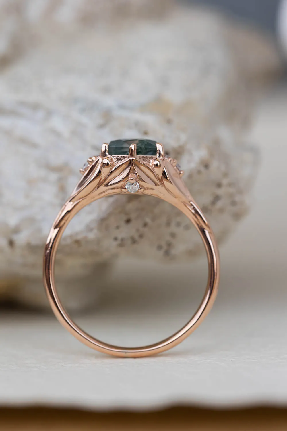 Moss agate bridal ring set, nature inspired engagement ring set with diamonds / Roma