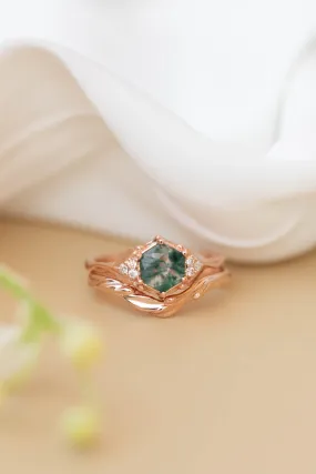 Moss agate bridal ring set, nature inspired engagement ring set with diamonds / Roma