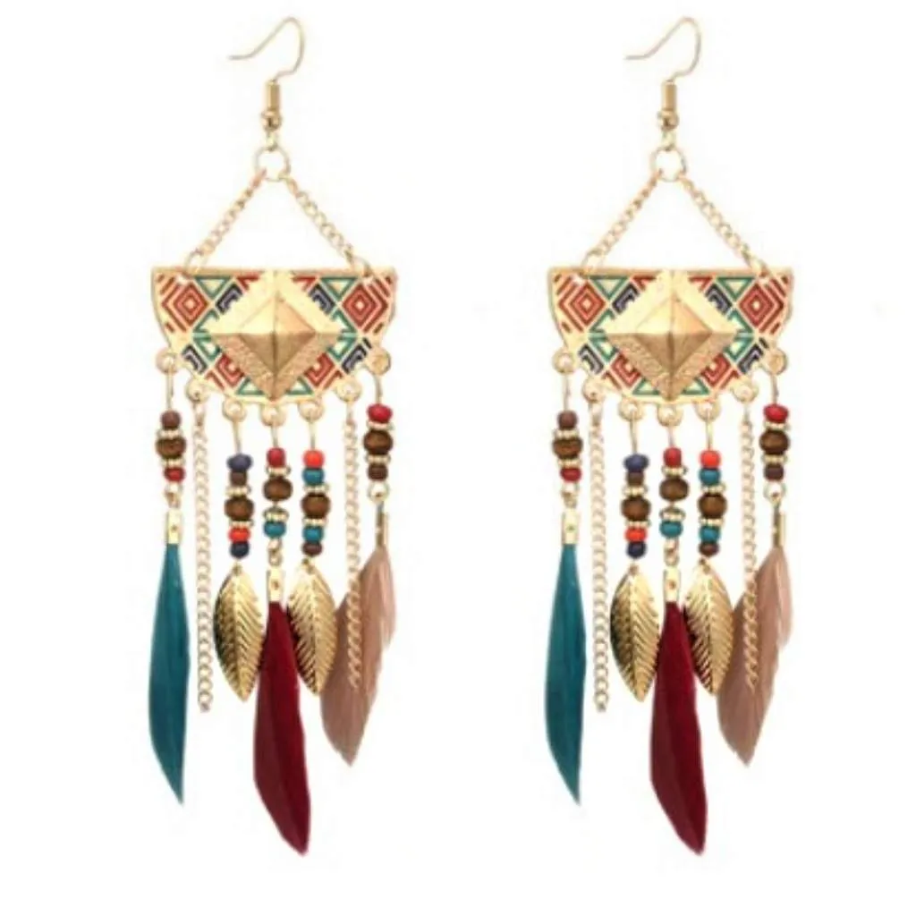 Multi Colored Feather Long Gold Dangle Earrings