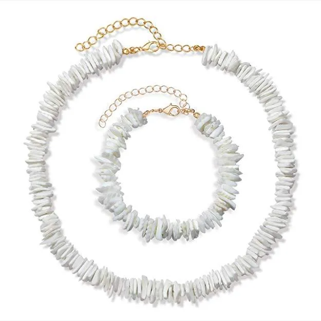 Multi-piece White Stone Puka Shell and Pearl Necklace Set