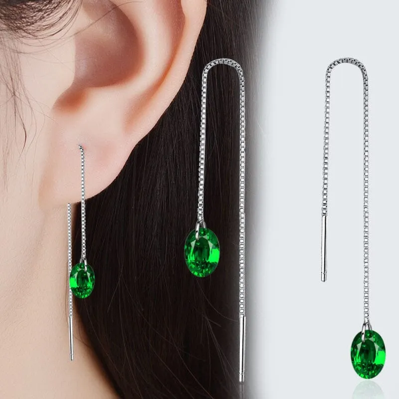 Oval Shape Emerald Dangling Earrings - 925 Sterling Silver