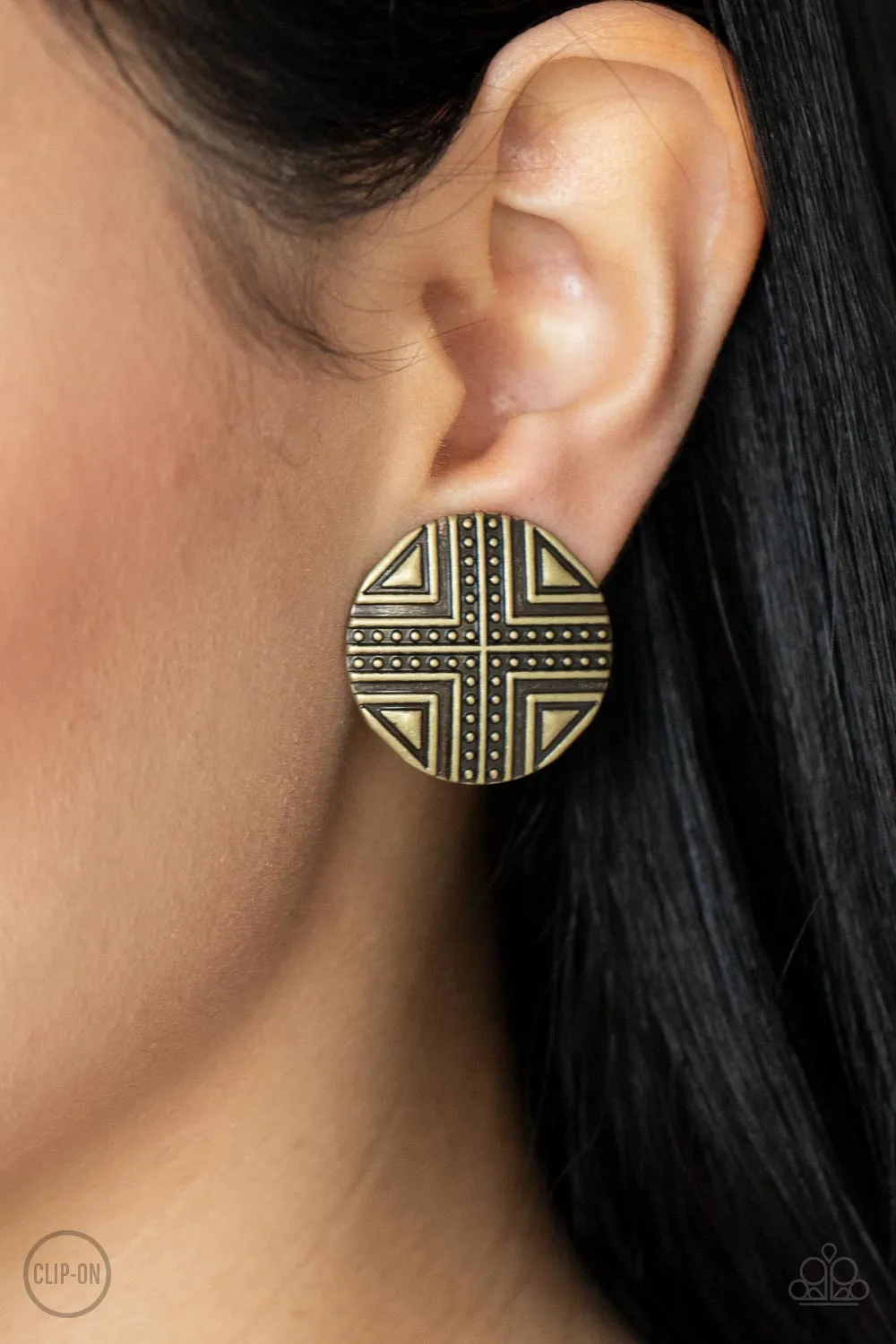 Paparazzi Shielded Shimmer - Brass Clip On Earrings