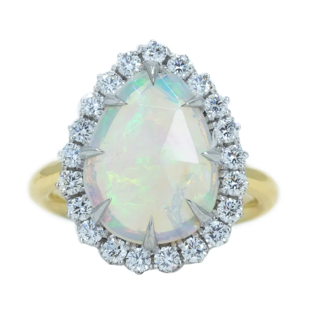 Pear Opal And Diamond Halo Ring In 14k Yellow And White Gold