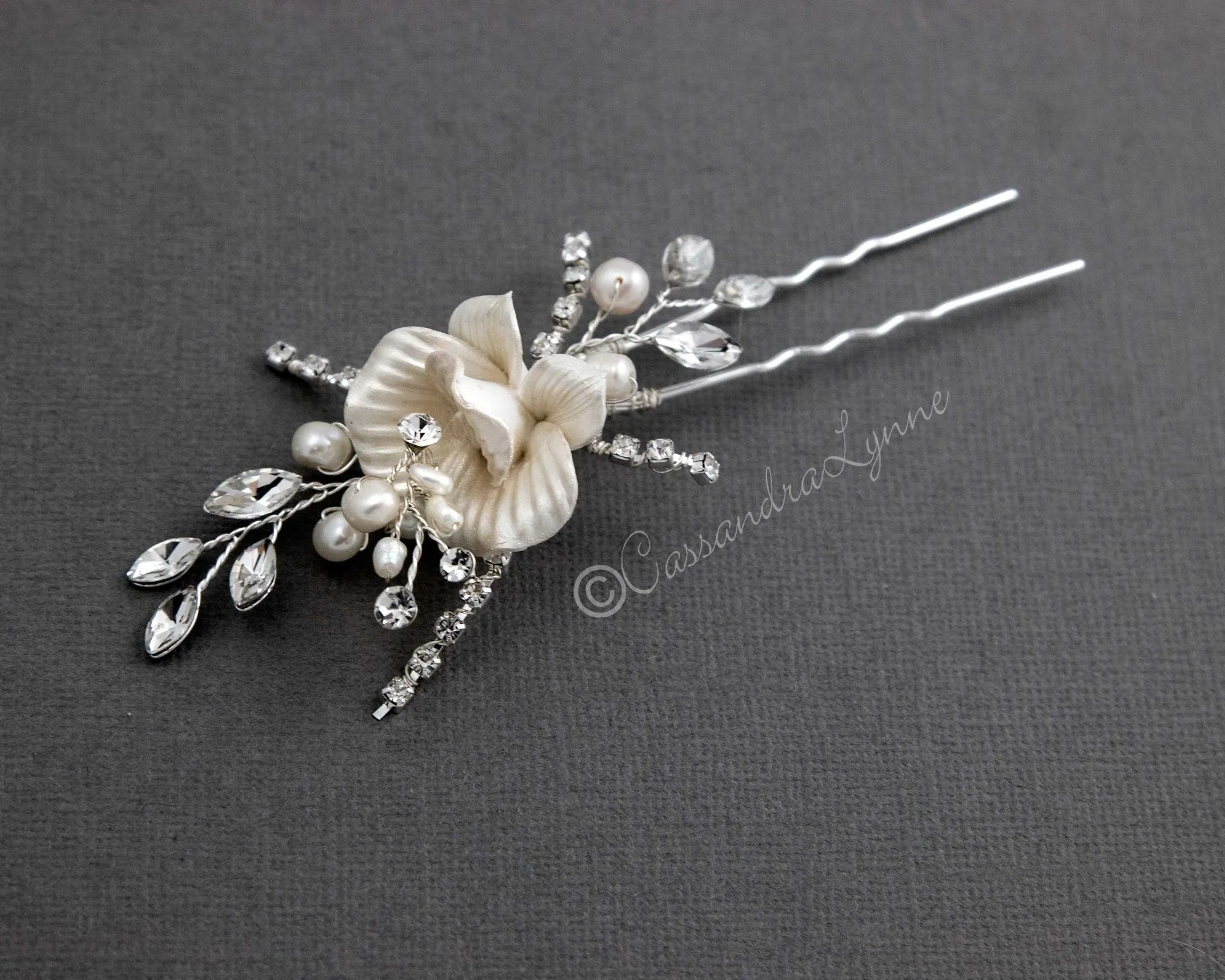 Porcelain Flower Bridal Hair Pin with Pearls