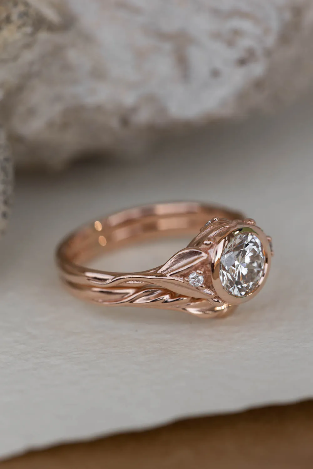 READY TO SHIP: Roma ring in 14K rose gold, round lab grown diamond 6.5 mm, diamonds, RING SIZE 7 US