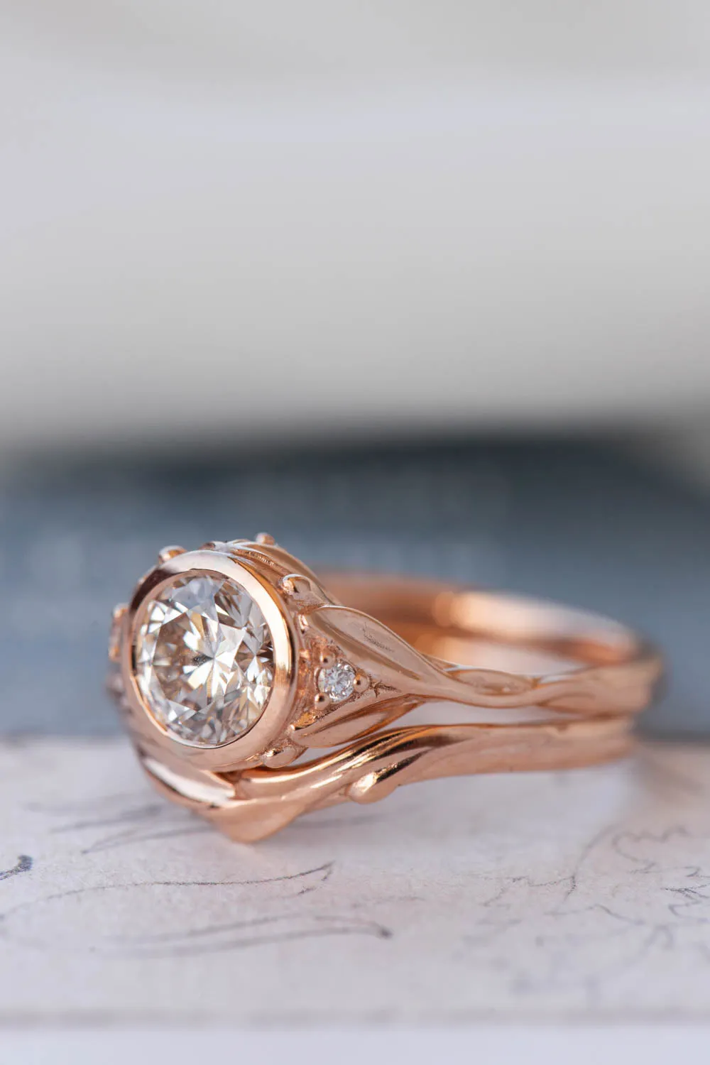 READY TO SHIP: Roma ring in 14K rose gold, round lab grown diamond 6.5 mm, diamonds, RING SIZE 7 US