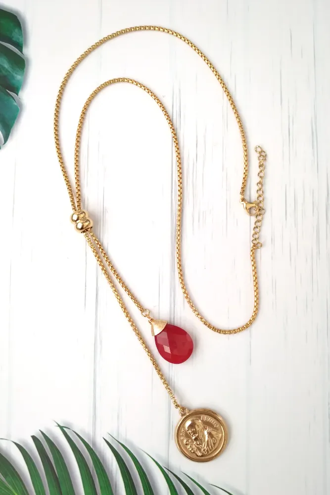 Red Jade with Saint Benedict Medal Slider Necklace