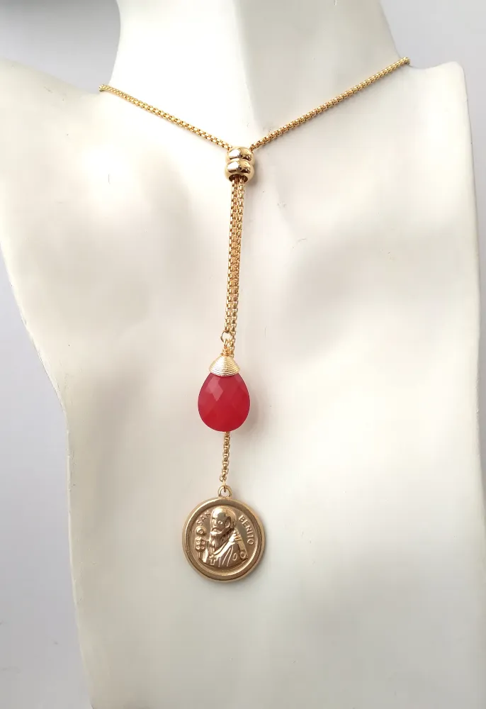 Red Jade with Saint Benedict Medal Slider Necklace