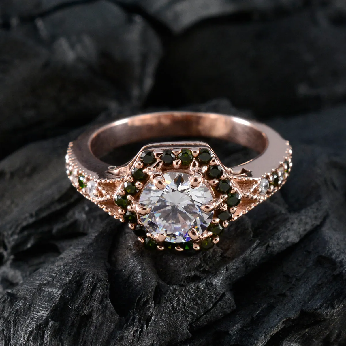 Riyo Classical Silver Ring With Rose Gold Plating Blue Sapphire Stone Round Shape Prong Setting Handamde Jewelry Cocktail Ring