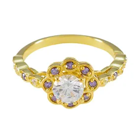 Riyo Custom Silver Ring With Yellow Gold Plating Amethyst Stone Round Shape Prong Setting Designer Jewelry Mothers Day Ring