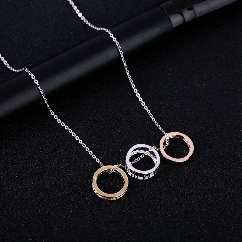 Roman Numerals Three Color Circles CZ Crystal Pendant Necklace