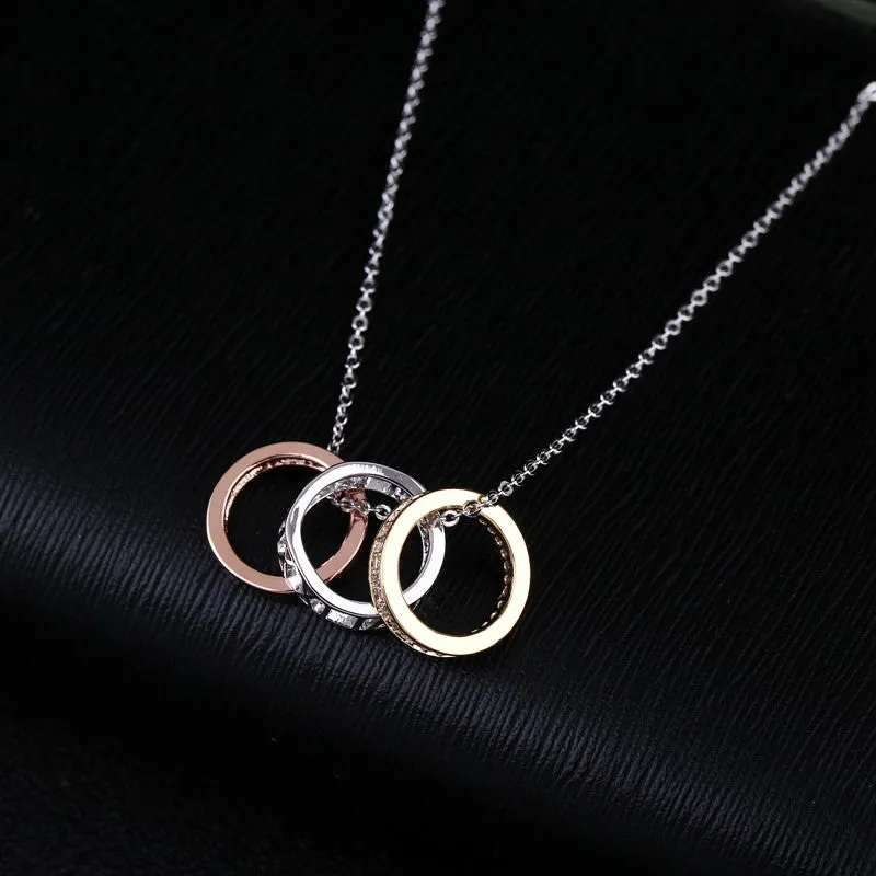 Roman Numerals Three Color Circles CZ Crystal Pendant Necklace