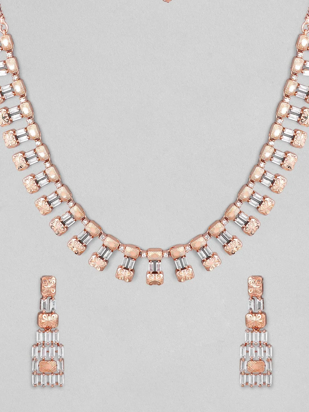 Rubans Zircon Studded Handcrafted Rose Gold Plated Statement Necklace Set