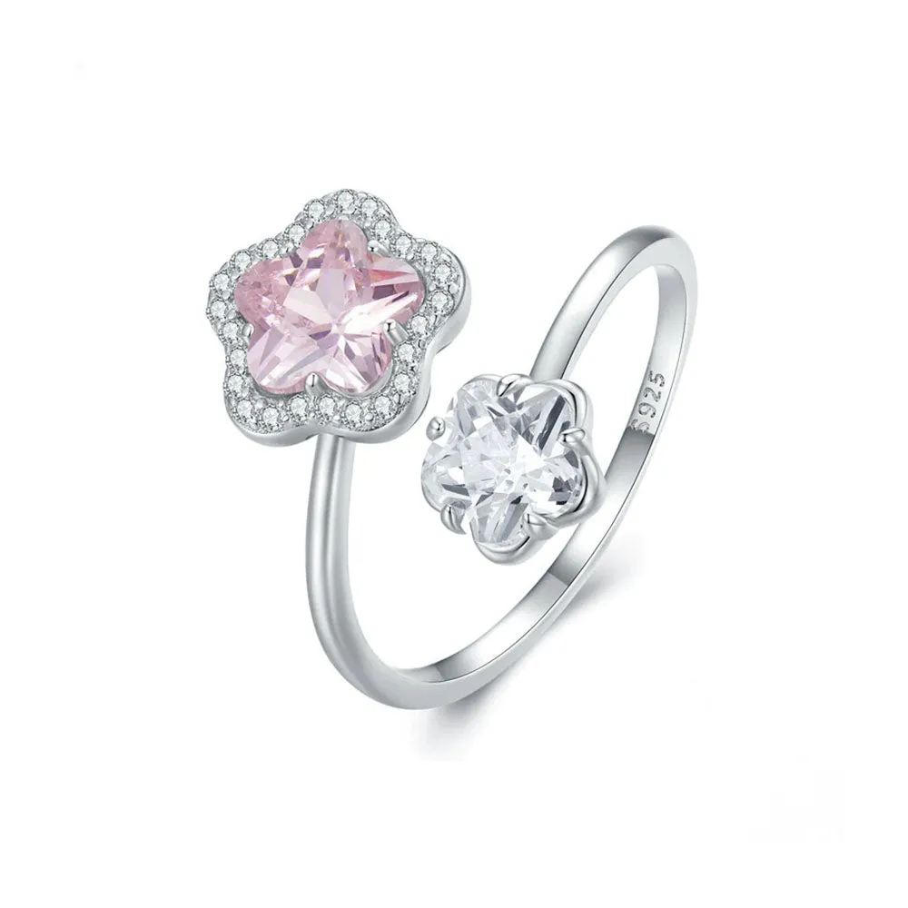 s925 Sterling Silver Pink Flower Toi et Moi Ring