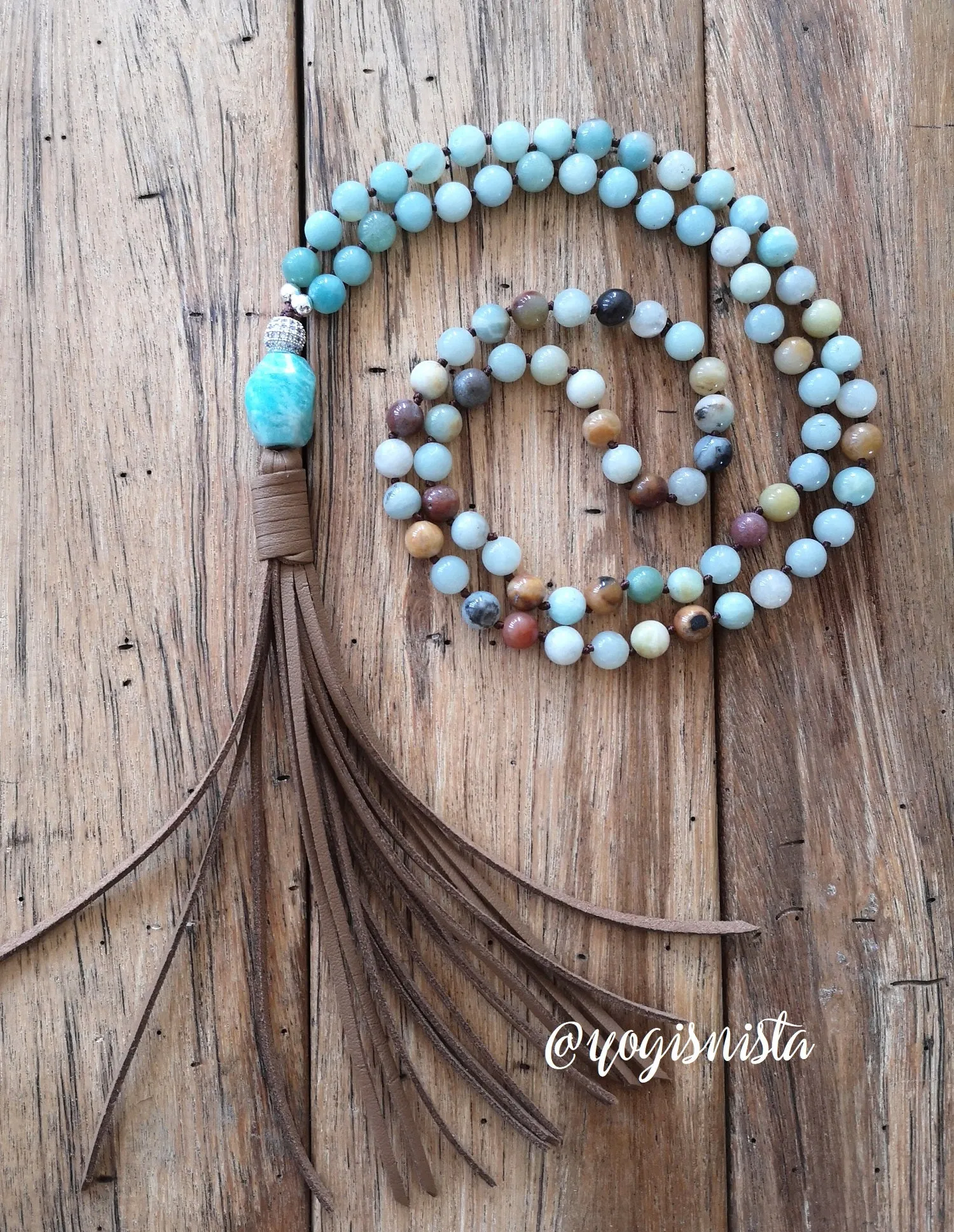 SALE - Natural Amazonite Boho Leather Tassel Necklace