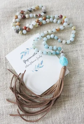 SALE - Natural Amazonite Boho Leather Tassel Necklace