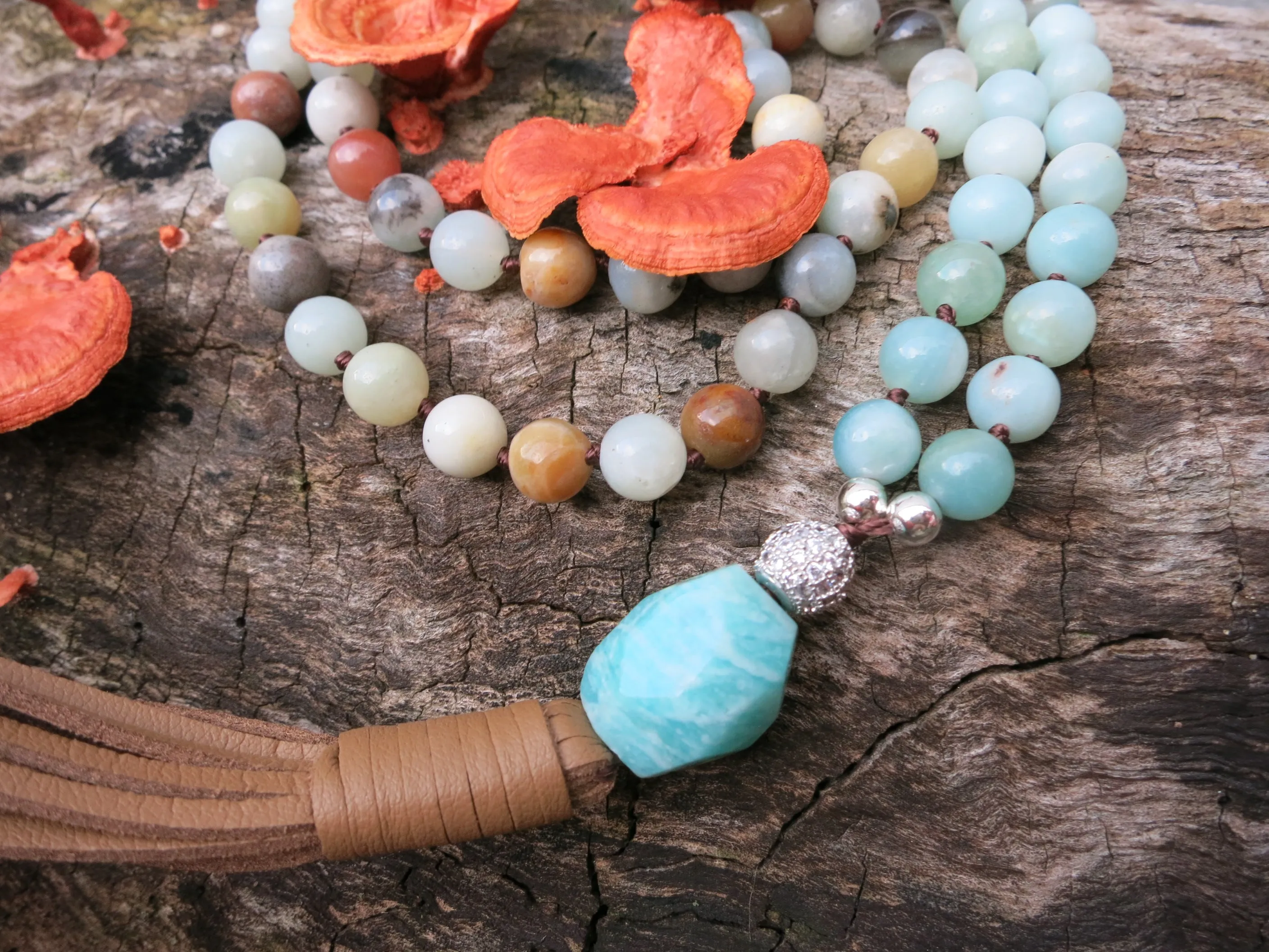 SALE - Natural Amazonite Boho Leather Tassel Necklace