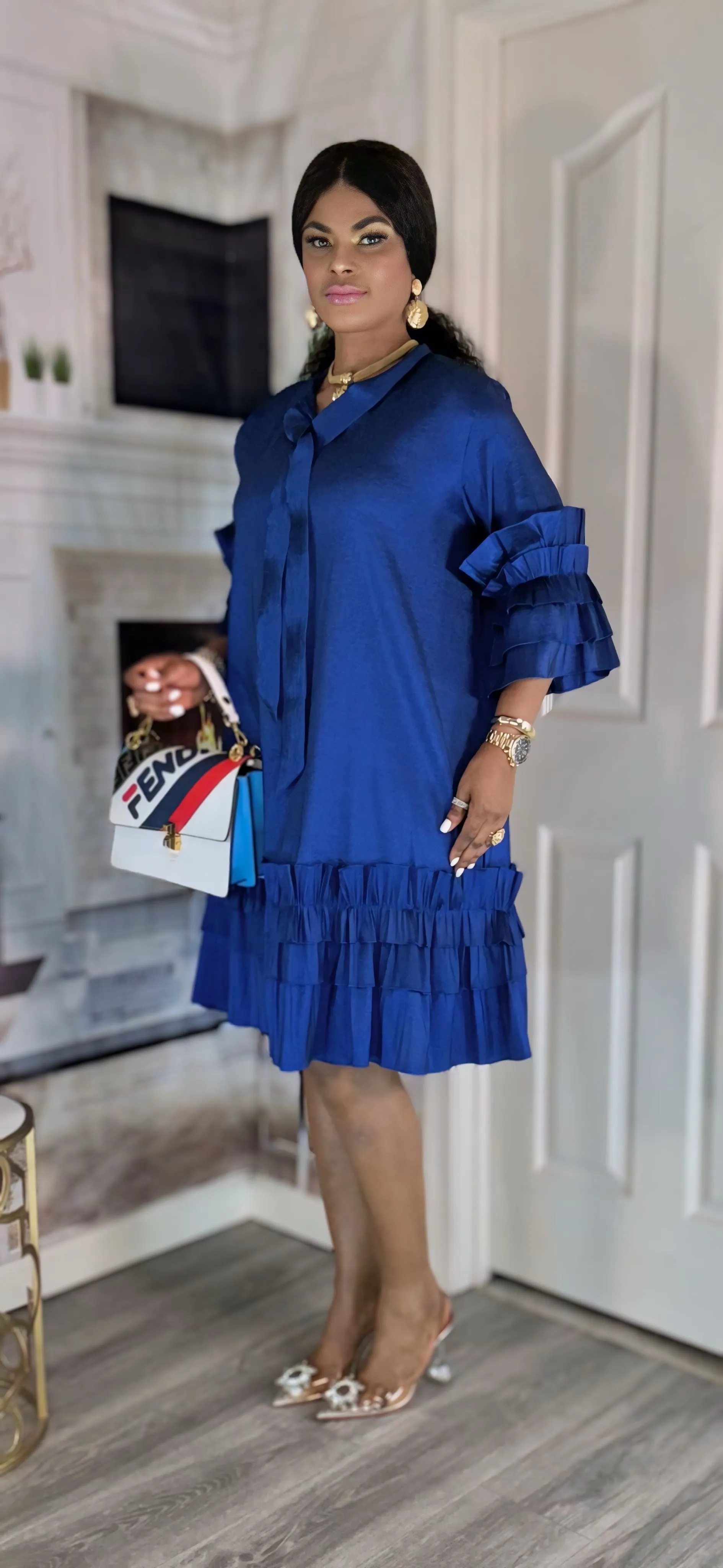 Short sleeve midi dress(Navy Blue)