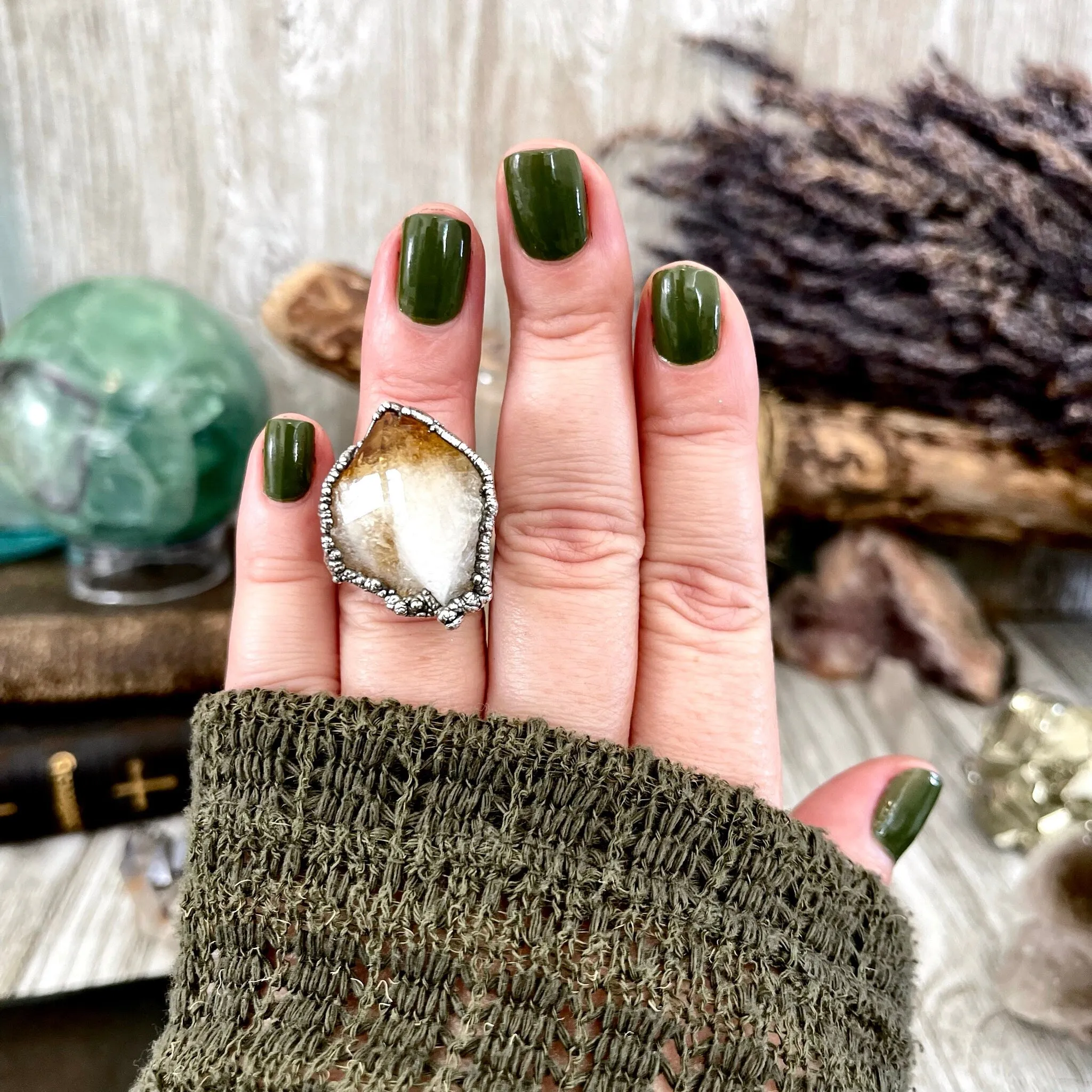 Size 5 Raw Citrine Crystal Point Ring Set in Fine Silver  / Foxlark Collection - One of a Kind