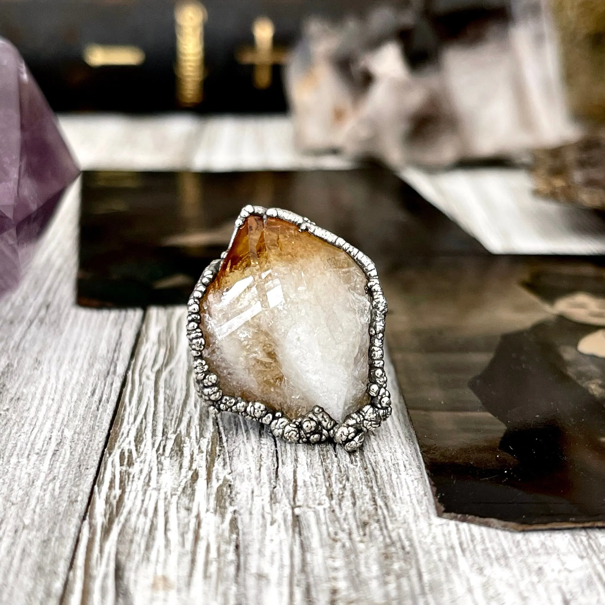 Size 5 Raw Citrine Crystal Point Ring Set in Fine Silver  / Foxlark Collection - One of a Kind