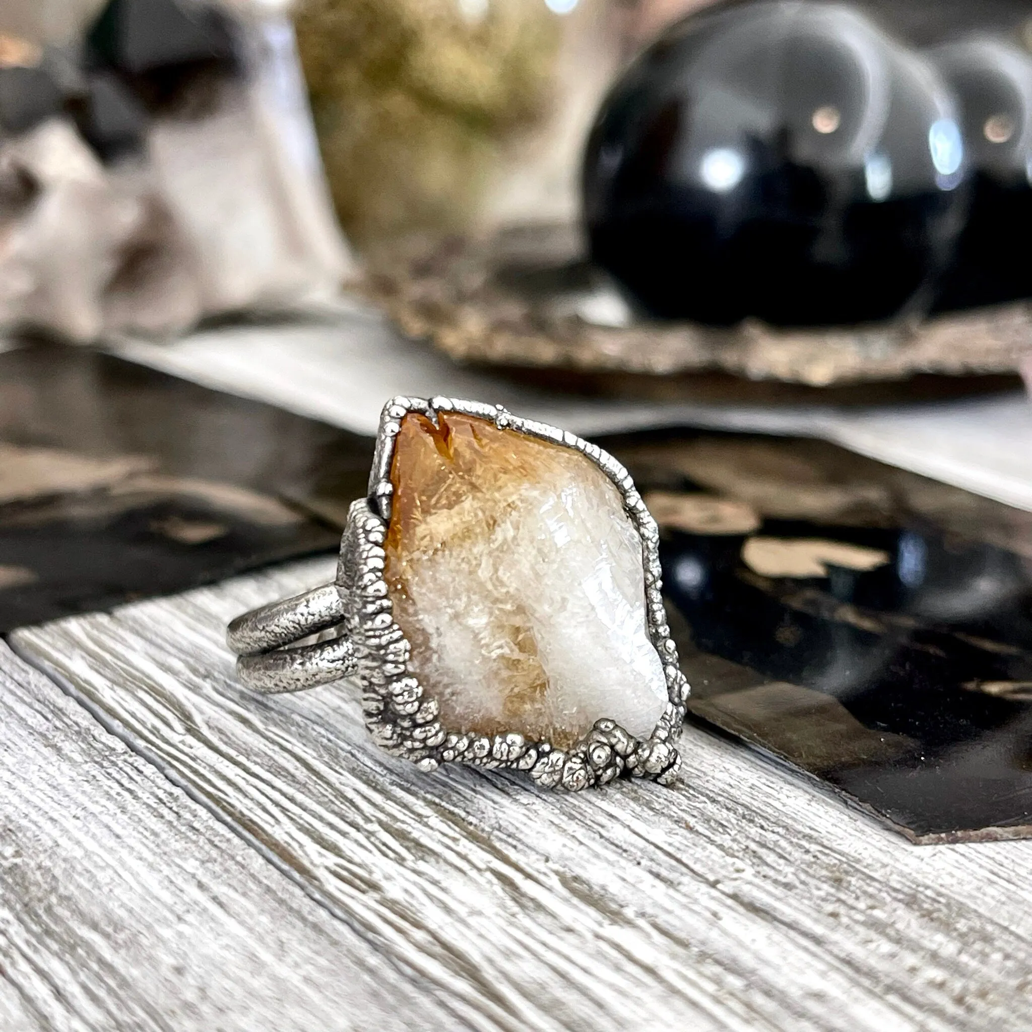 Size 5 Raw Citrine Crystal Point Ring Set in Fine Silver  / Foxlark Collection - One of a Kind