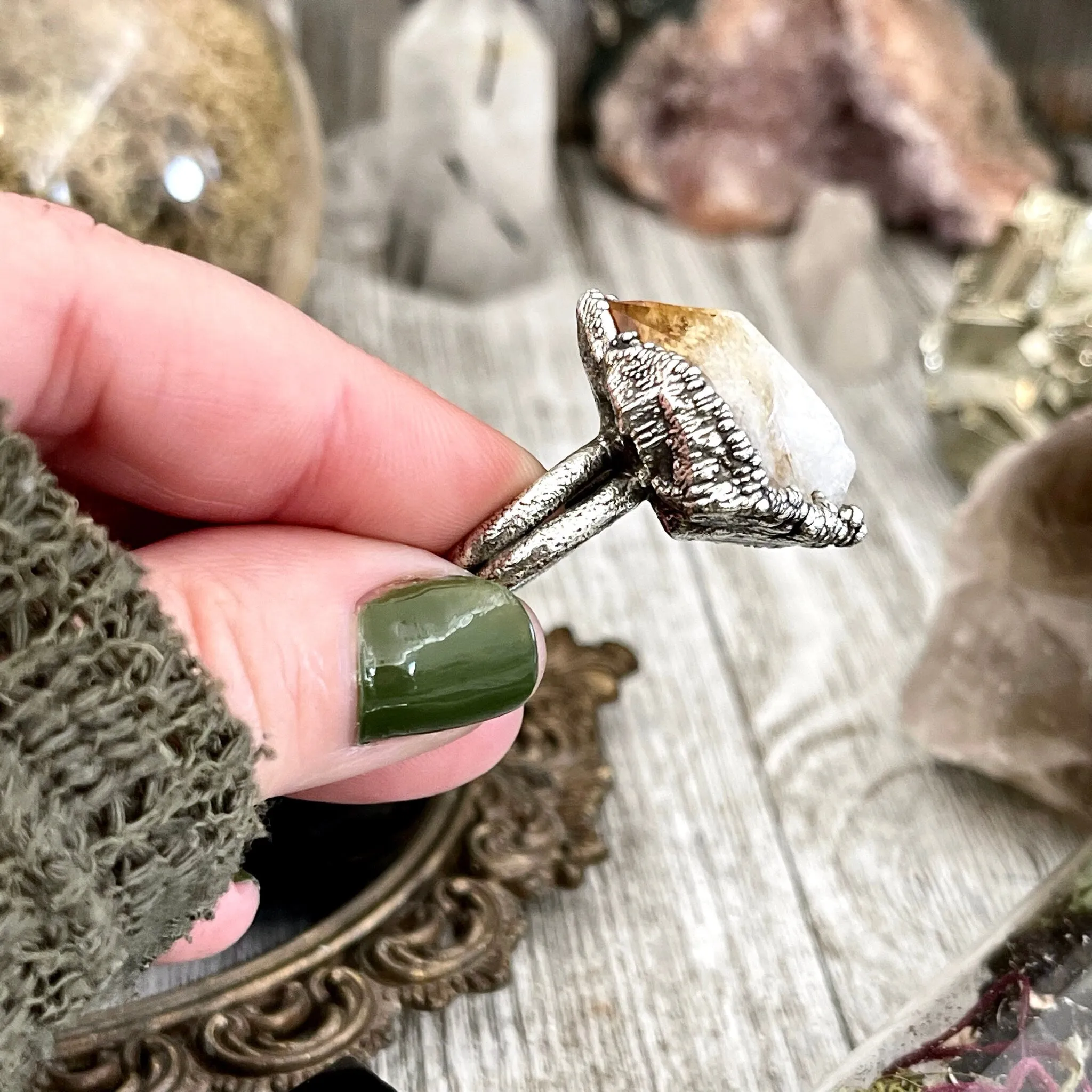 Size 5 Raw Citrine Crystal Point Ring Set in Fine Silver  / Foxlark Collection - One of a Kind