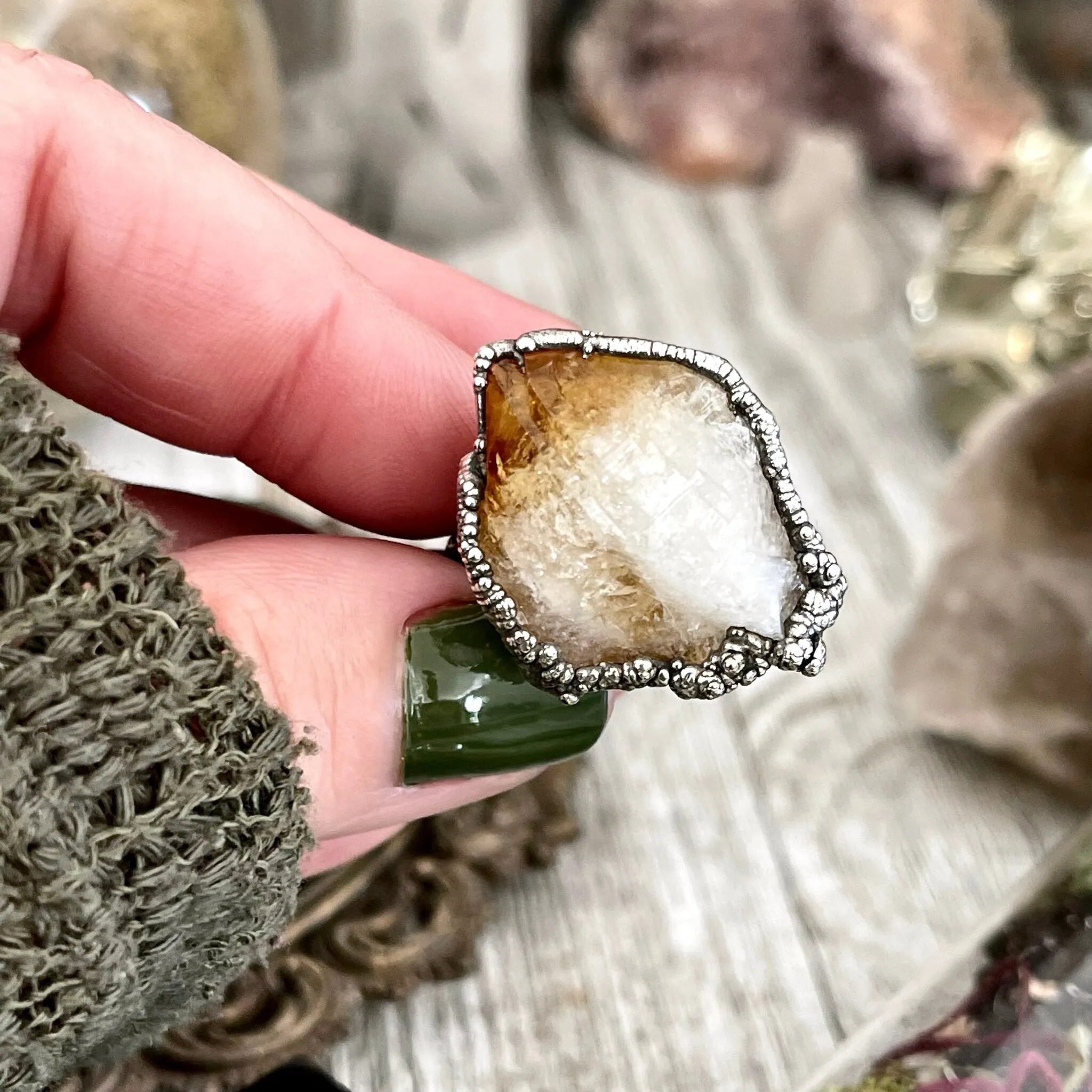 Size 5 Raw Citrine Crystal Point Ring Set in Fine Silver  / Foxlark Collection - One of a Kind