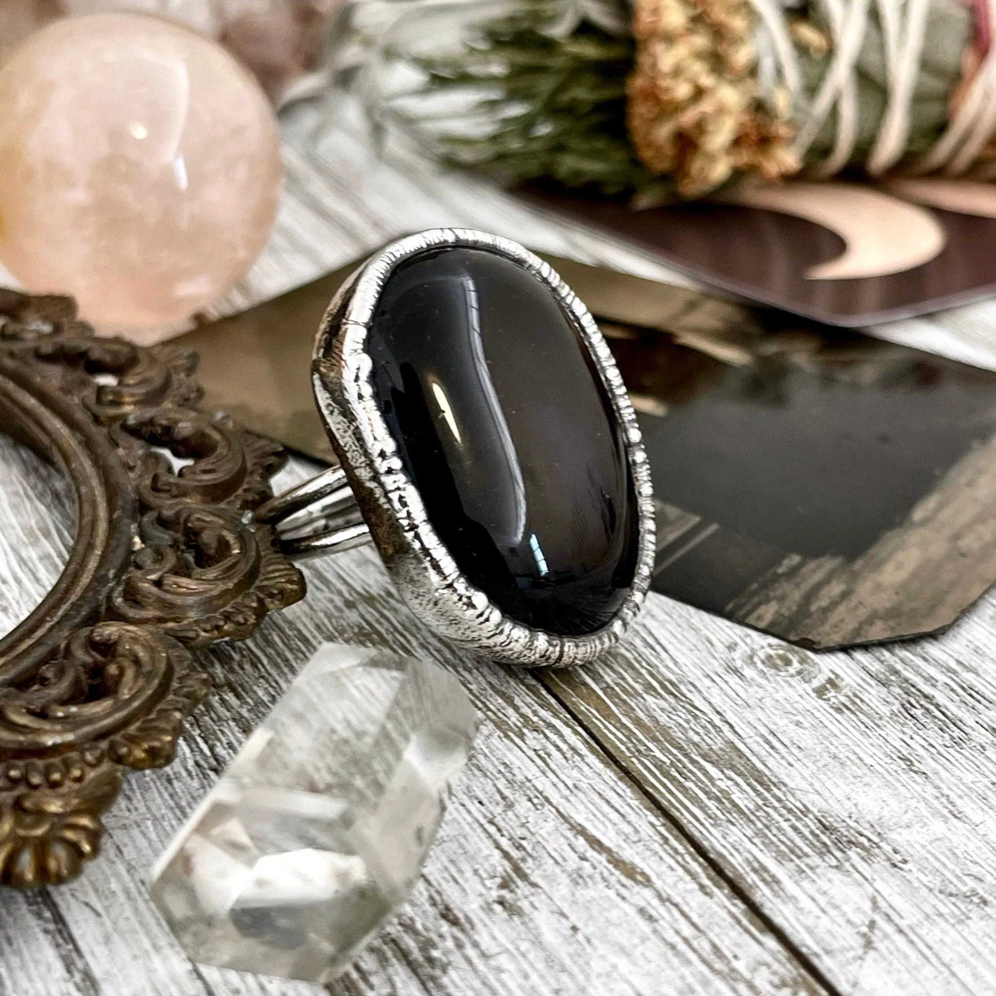 Size 7 Natural Black Obsidian Ring in Fine Silver / Foxlark Collection - One of a Kind