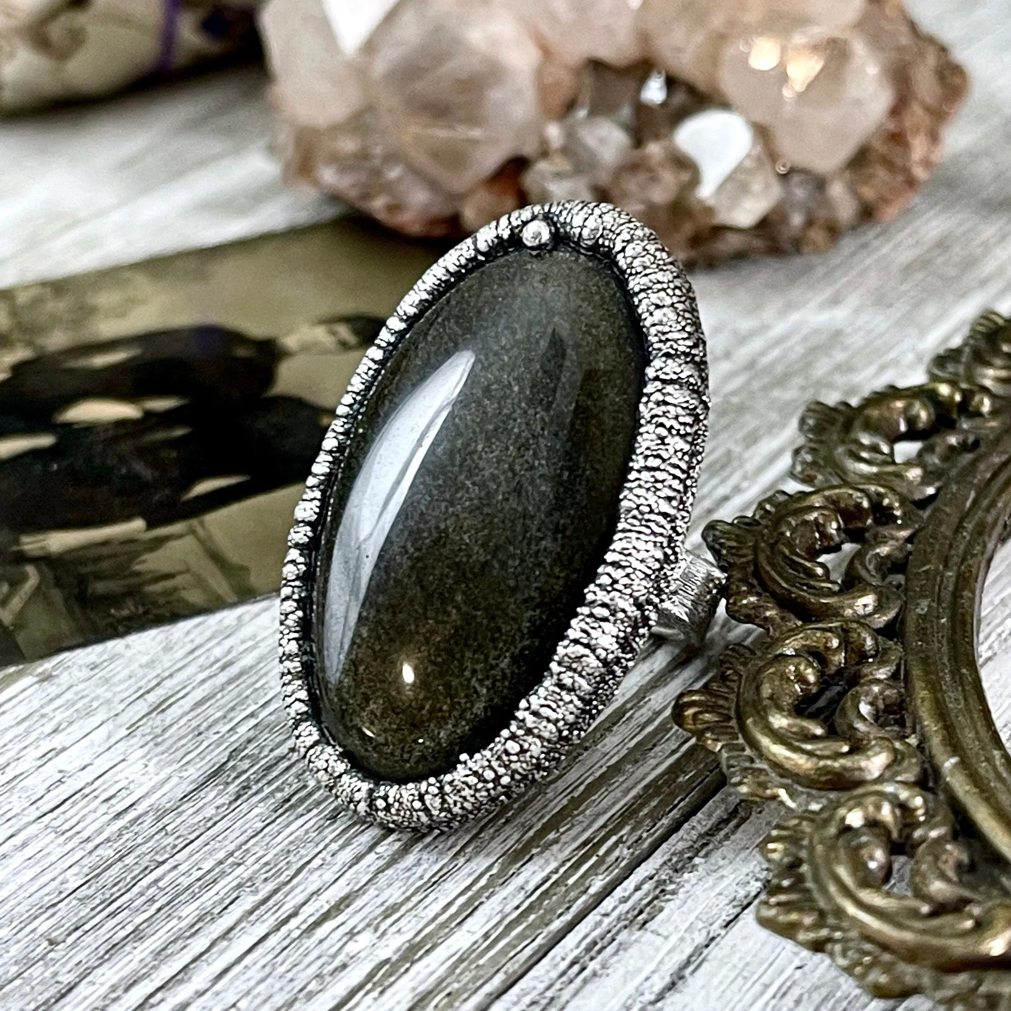 Size 7 Silver Sheen Obsidian Statement Ring in fine Silver / Foxlark Collection - One of a Kind