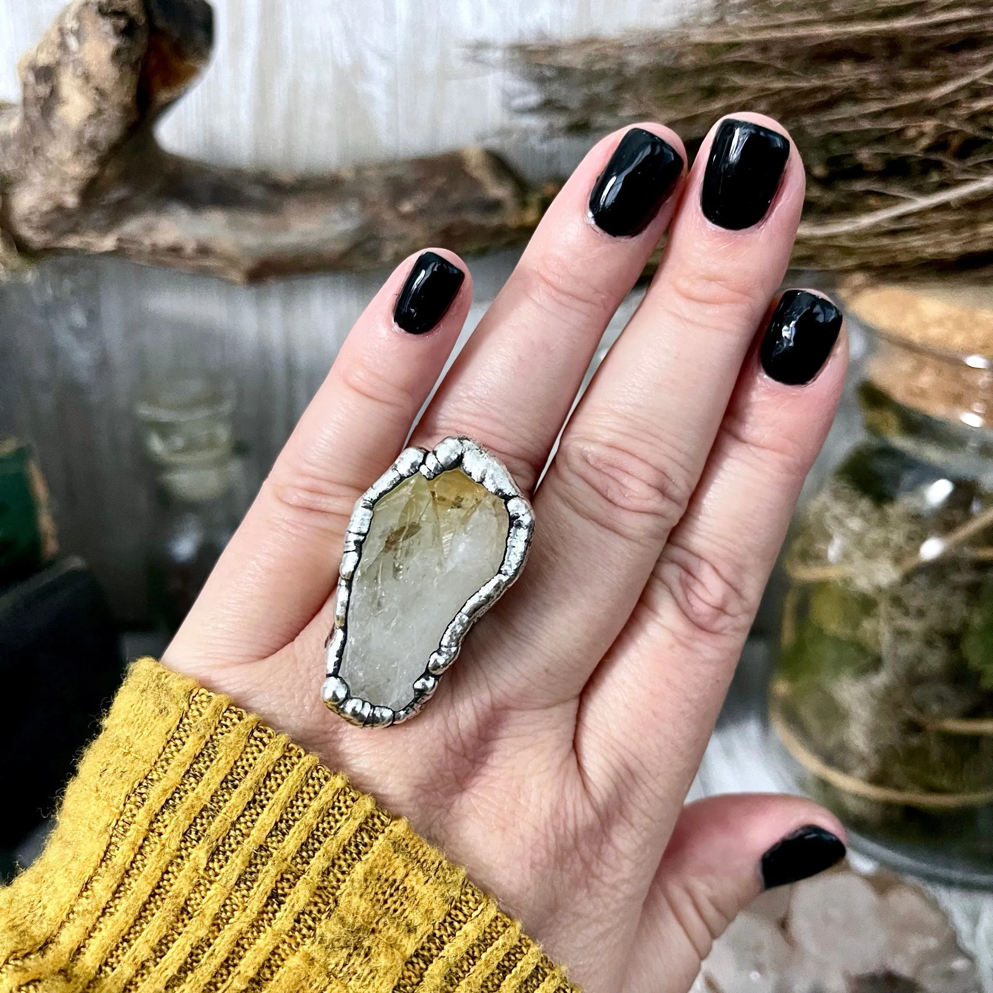 Size 8 Raw Citrine Crystal Point Ring Set in Fine Silver  / Foxlark Collection - One of a Kind