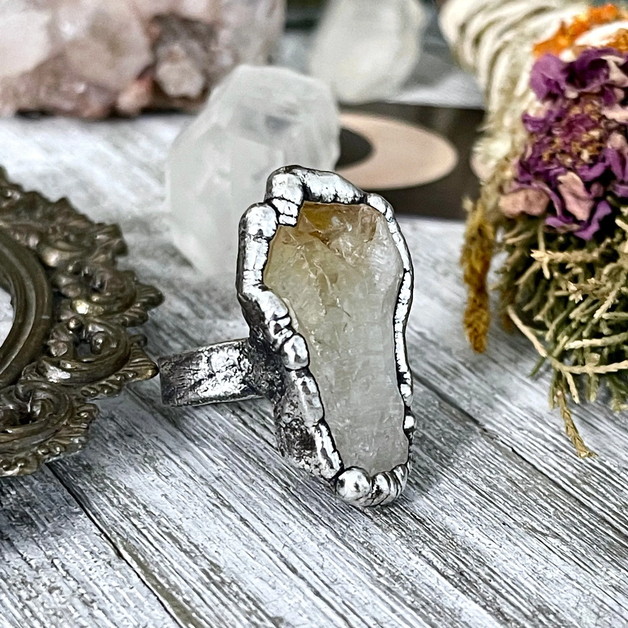 Size 8 Raw Citrine Crystal Point Ring Set in Fine Silver  / Foxlark Collection - One of a Kind