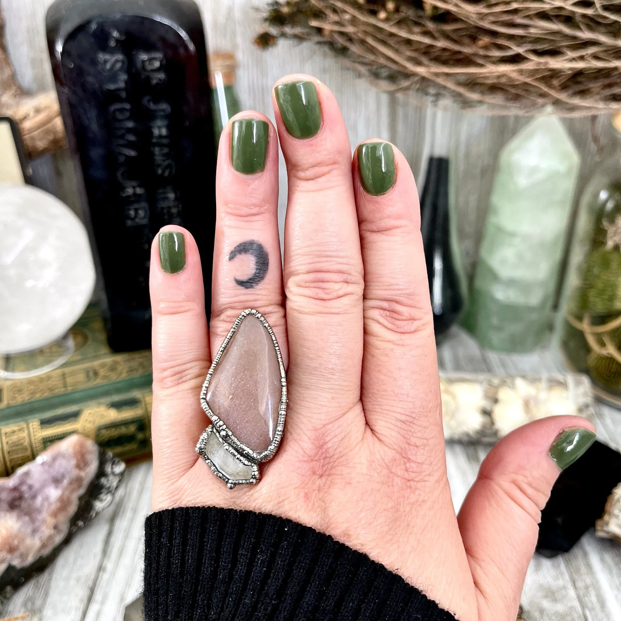 Size 8 Two Stone Ring- Peach Moonstone Clear Quartz Crystal Ring Fine Silver / Foxlark Collection - One of a Kind