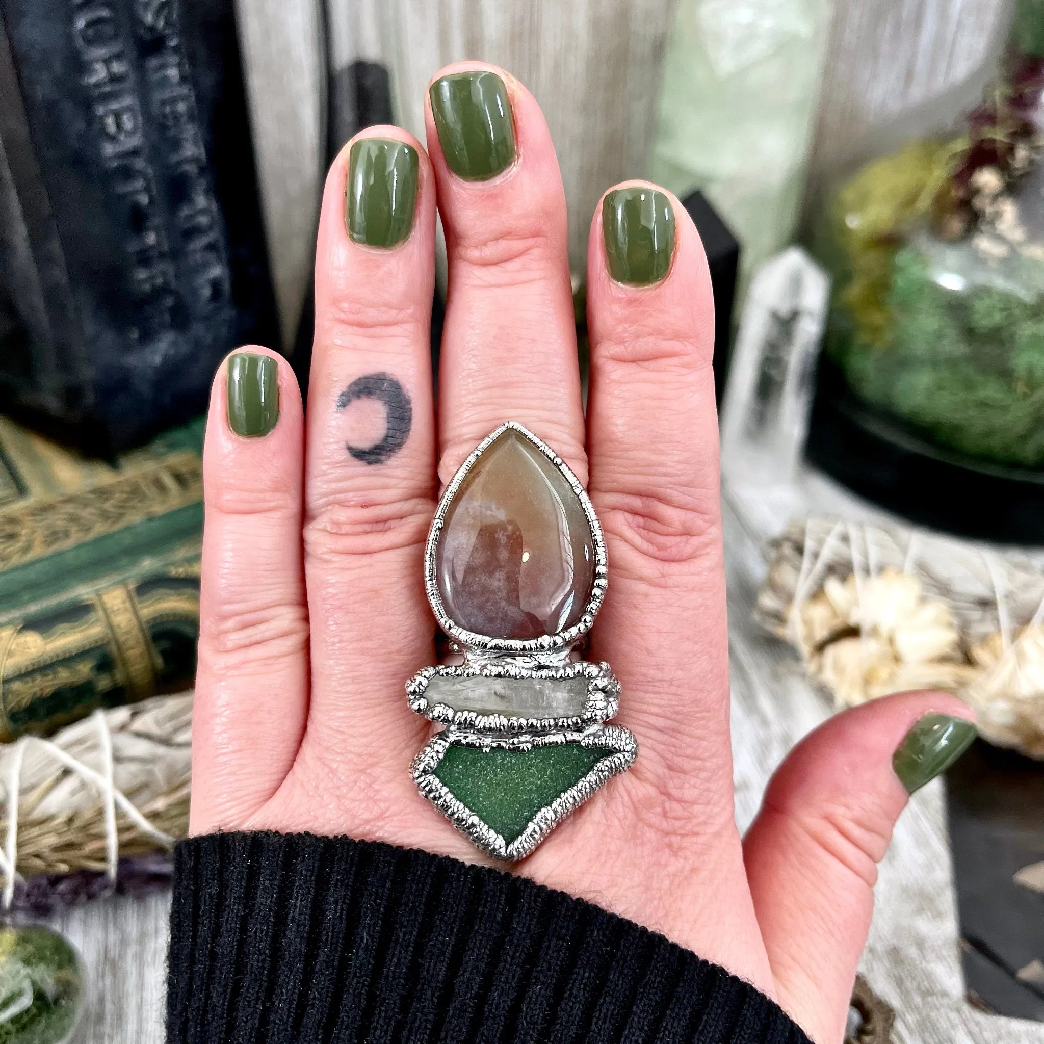 Size 8.5 Crystal Ring - Three Stone Ring Sea Glass Fancy Moss Agate Raw Quartz Ring Silver / Foxlark Collection - One of a Kind Jewelry