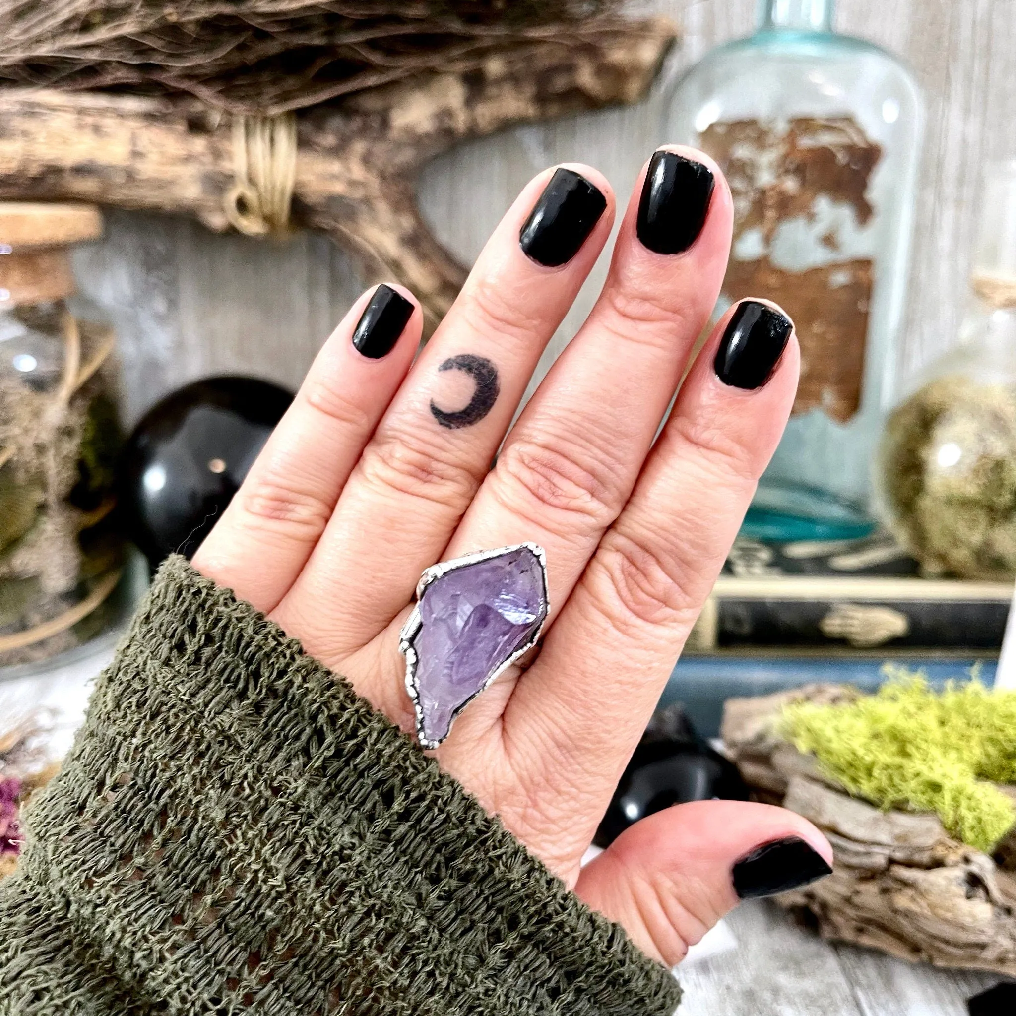 Size 8.5 Purple Big Raw Amethyst Point Crystal Ring in Fine Silver / Foxlark Collection - One of a Kind