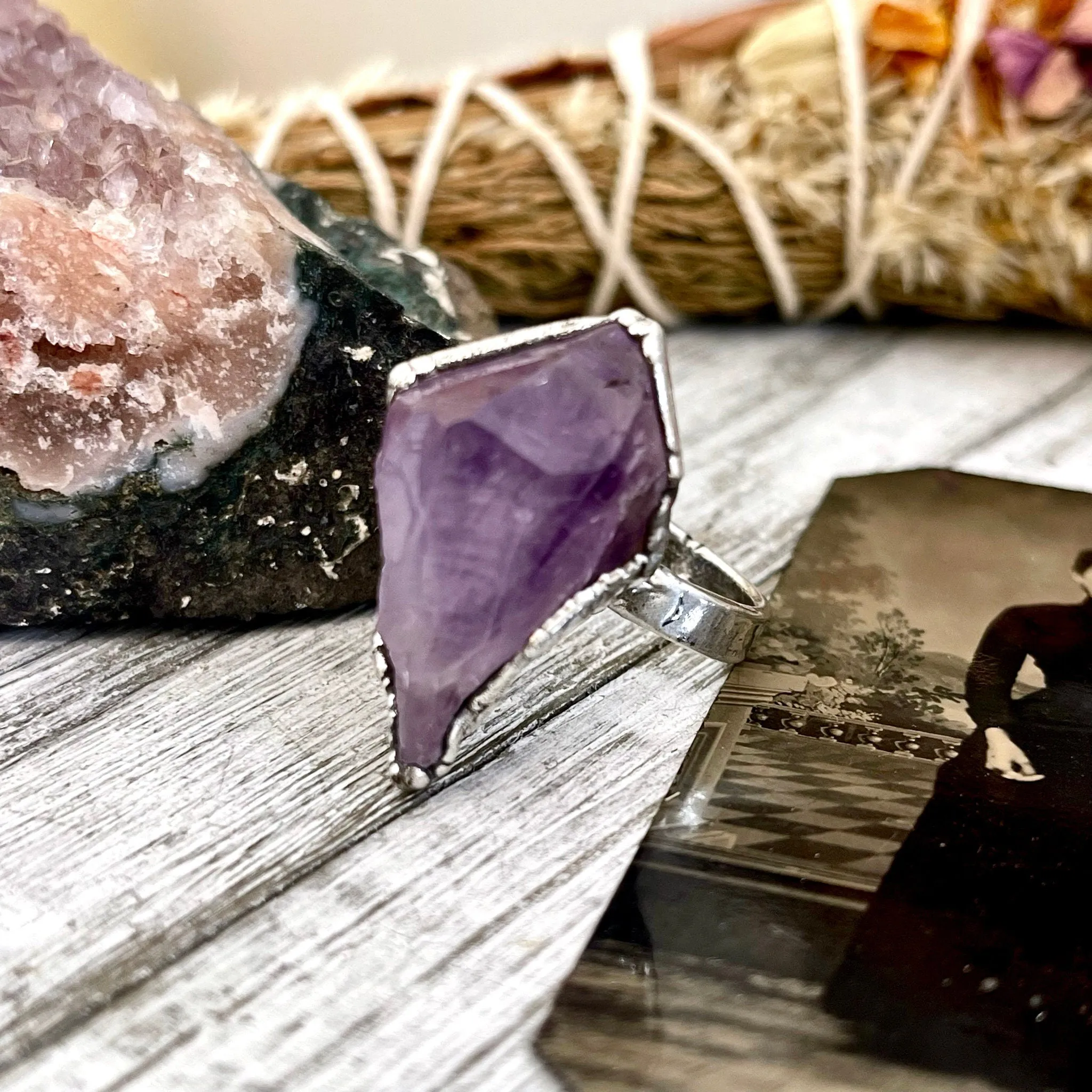 Size 8.5 Purple Big Raw Amethyst Point Crystal Ring in Fine Silver / Foxlark Collection - One of a Kind