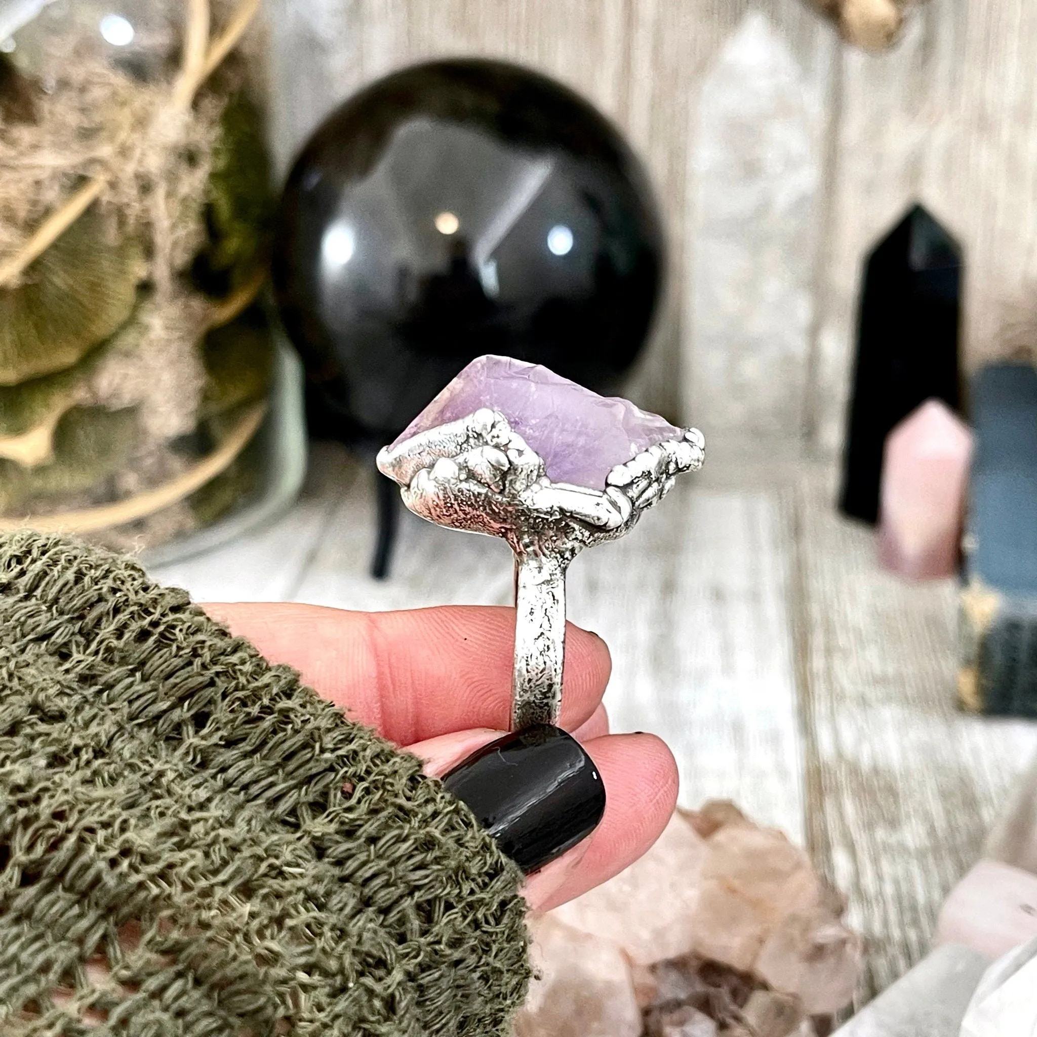 Size 8.5 Purple Big Raw Amethyst Point Crystal Ring in Fine Silver / Foxlark Collection - One of a Kind