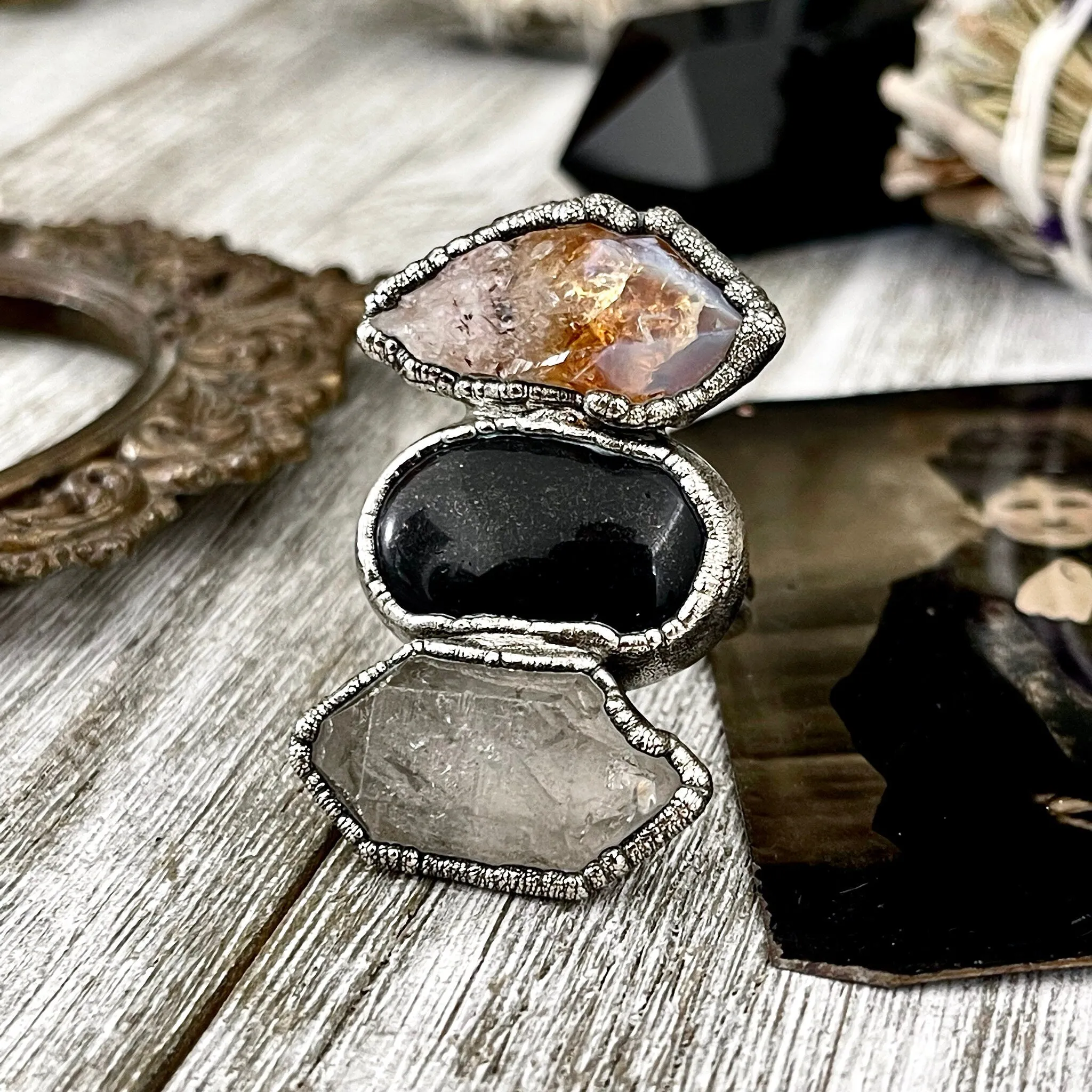 Size 9 Crystal Ring - Three Stone Black Onyx Yellow Citrine & Quartz Silver Ring / Foxlark Collection - One of a Kind