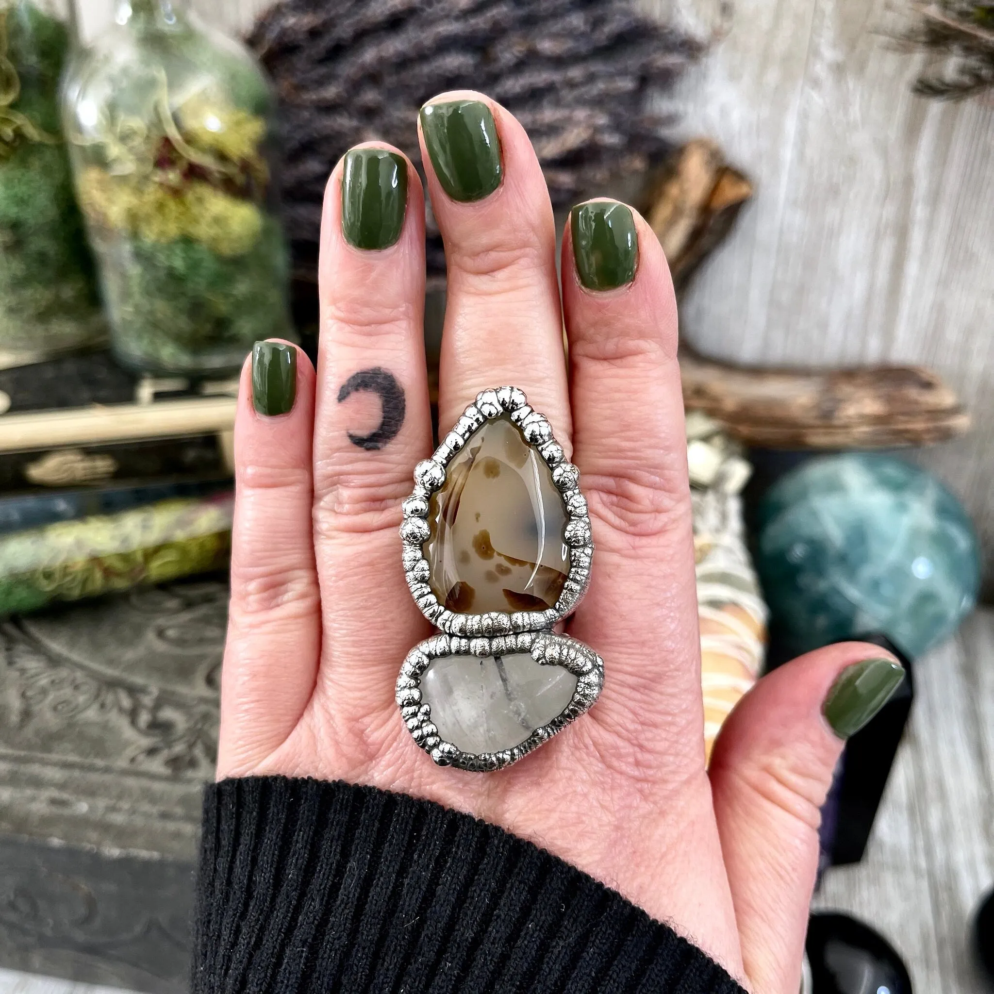 Size 9 Two Stone Ring- Dendritic Agate Tourmaline Quartz Crystal Ring Fine Silver / Foxlark Collection - One of a Kind