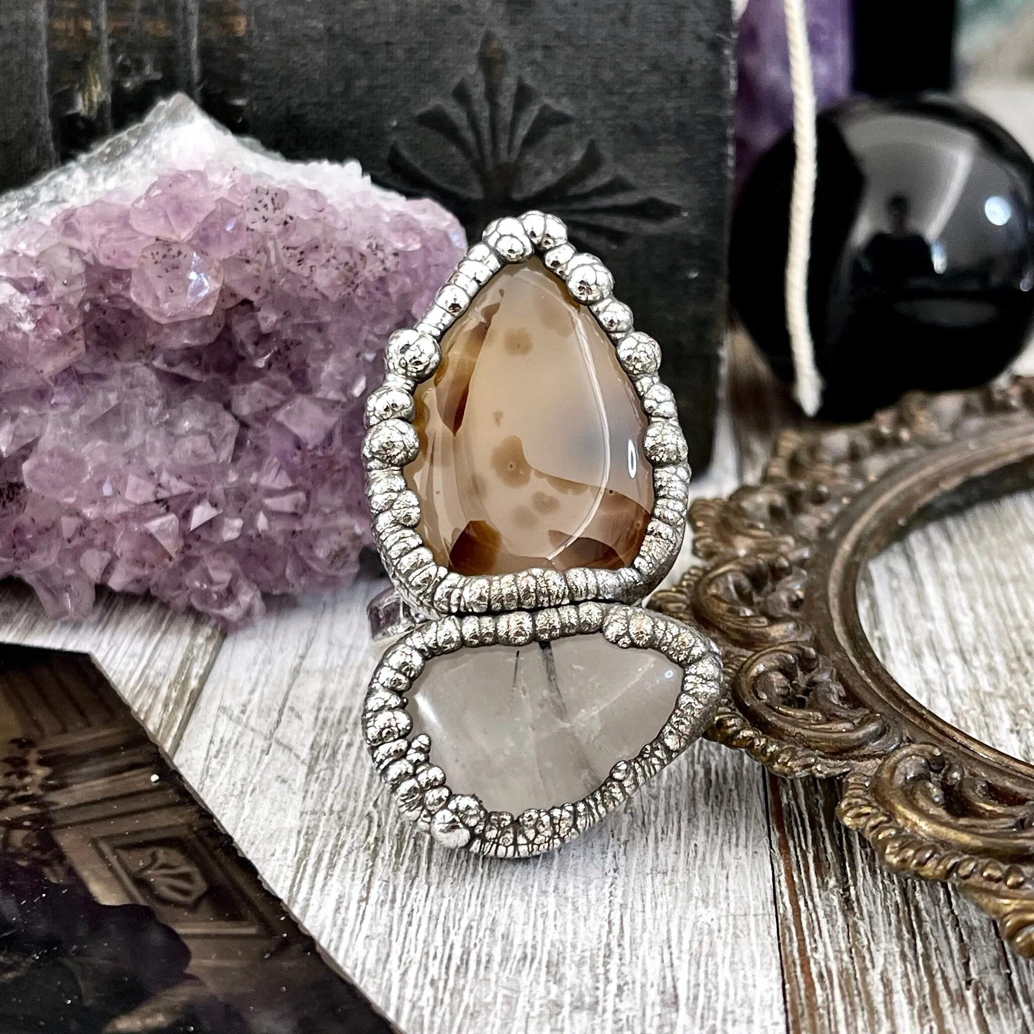 Size 9 Two Stone Ring- Dendritic Agate Tourmaline Quartz Crystal Ring Fine Silver / Foxlark Collection - One of a Kind