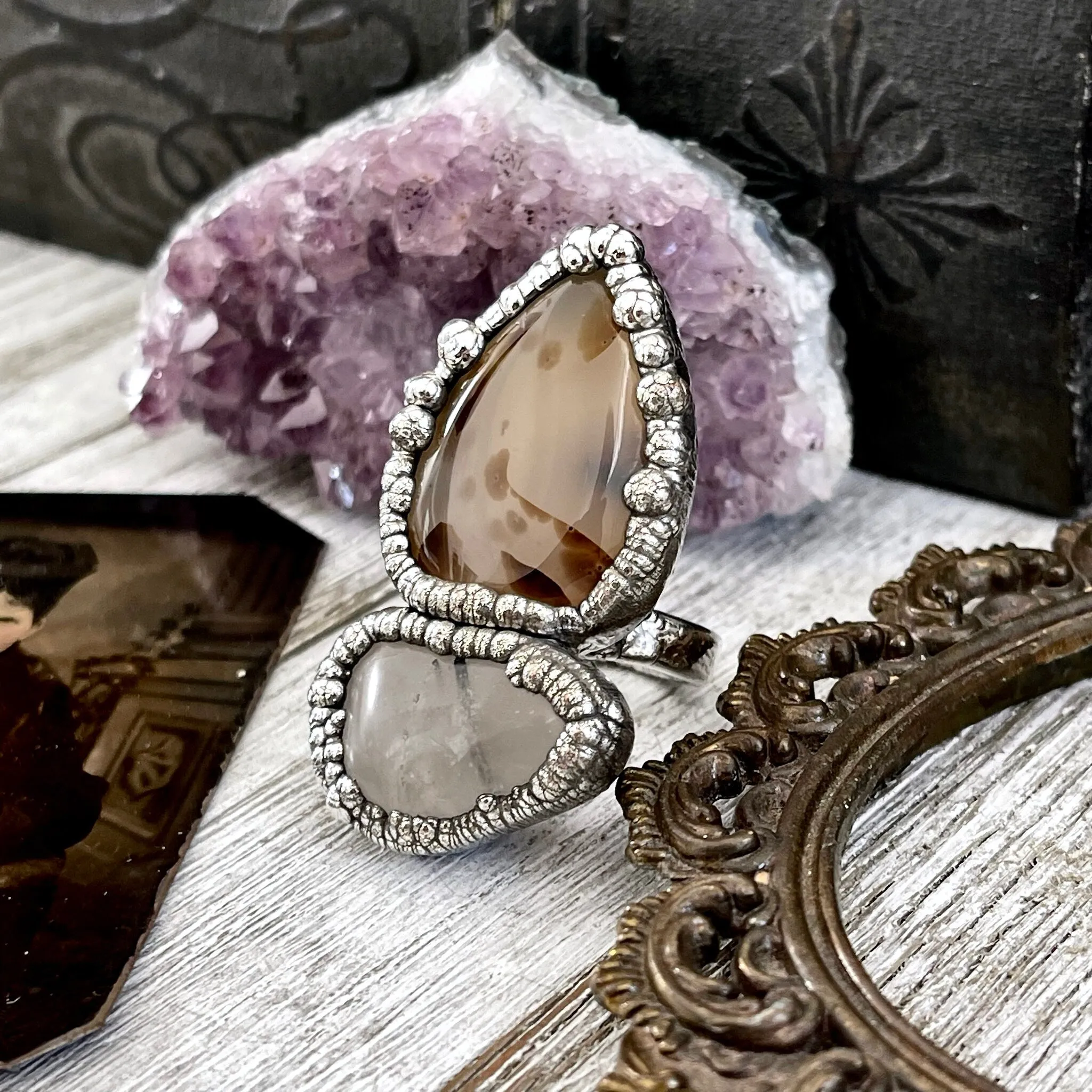 Size 9 Two Stone Ring- Dendritic Agate Tourmaline Quartz Crystal Ring Fine Silver / Foxlark Collection - One of a Kind