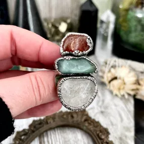 Size 9.5 Crystal Ring - Three Stone Red Carnelian Clear Quartz Aventurine Silver Ring / Foxlark Collection - One of a Kind