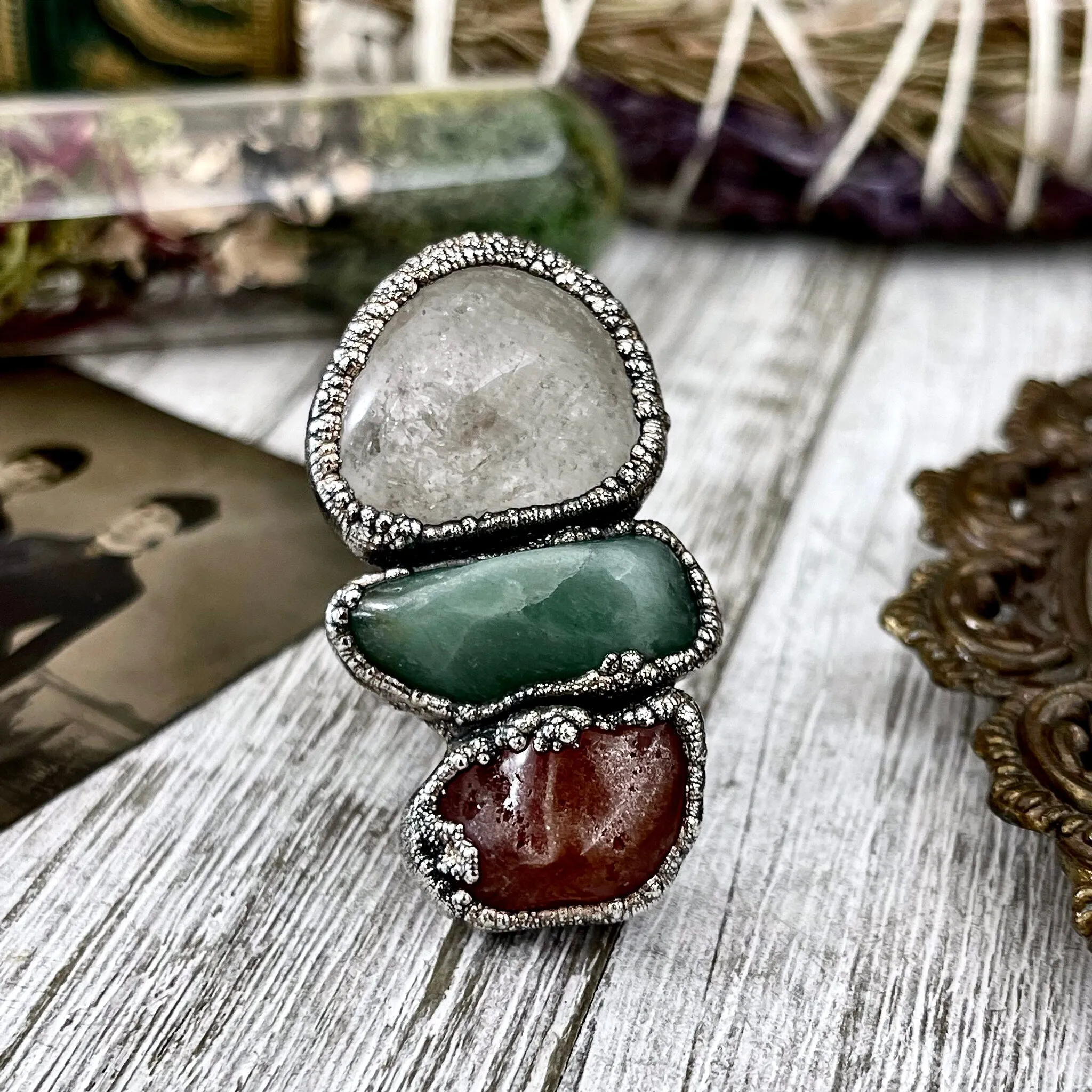 Size 9.5 Crystal Ring - Three Stone Red Carnelian Clear Quartz Aventurine Silver Ring / Foxlark Collection - One of a Kind