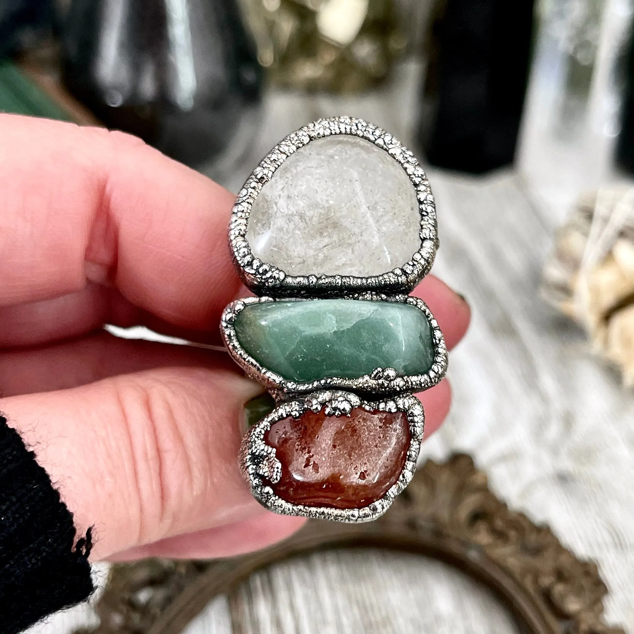 Size 9.5 Crystal Ring - Three Stone Red Carnelian Clear Quartz Aventurine Silver Ring / Foxlark Collection - One of a Kind