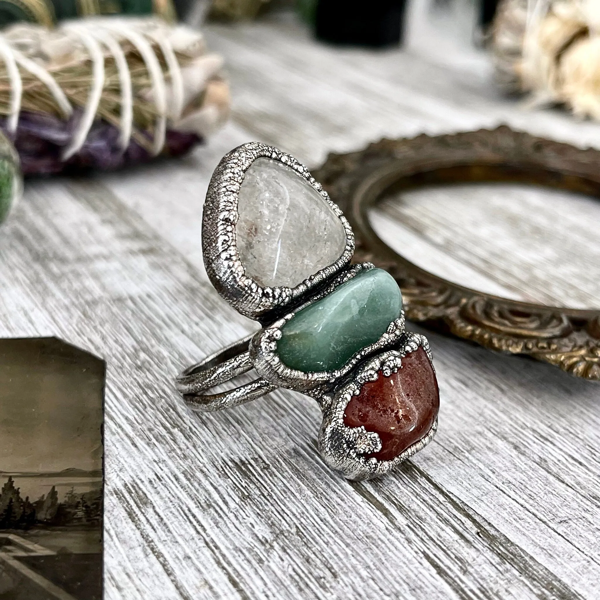 Size 9.5 Crystal Ring - Three Stone Red Carnelian Clear Quartz Aventurine Silver Ring / Foxlark Collection - One of a Kind