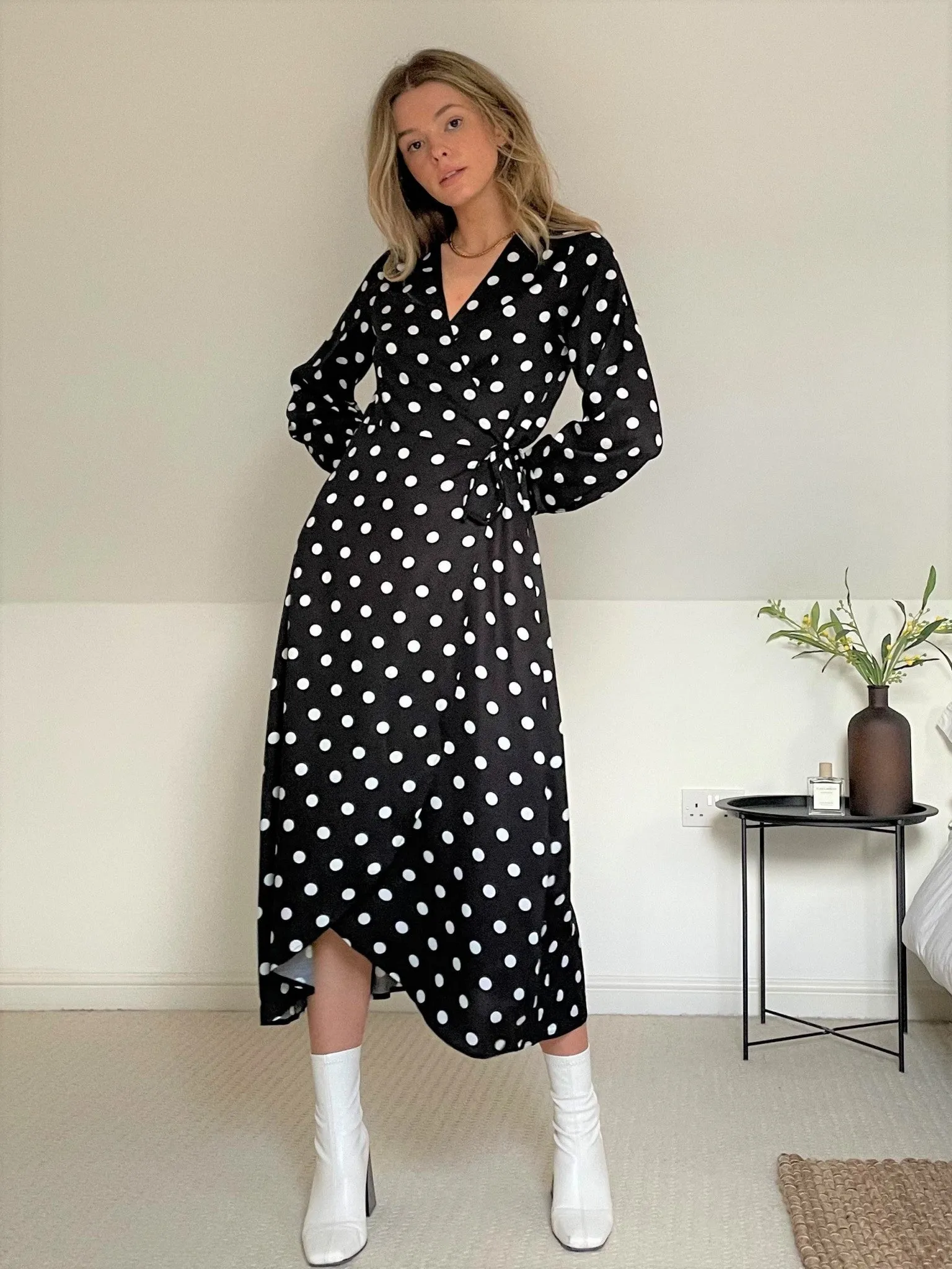 Slaytwins Vale Polka Dot Wrap Midi Dress- Black