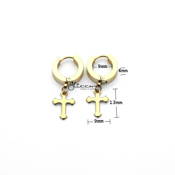 Stainless Steel Dangle Cross Hinged Hoop Earrings - Gold