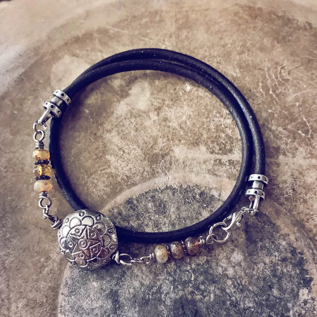 star mandala // silver plated puffed coin & glass bead leather wrap bracelet