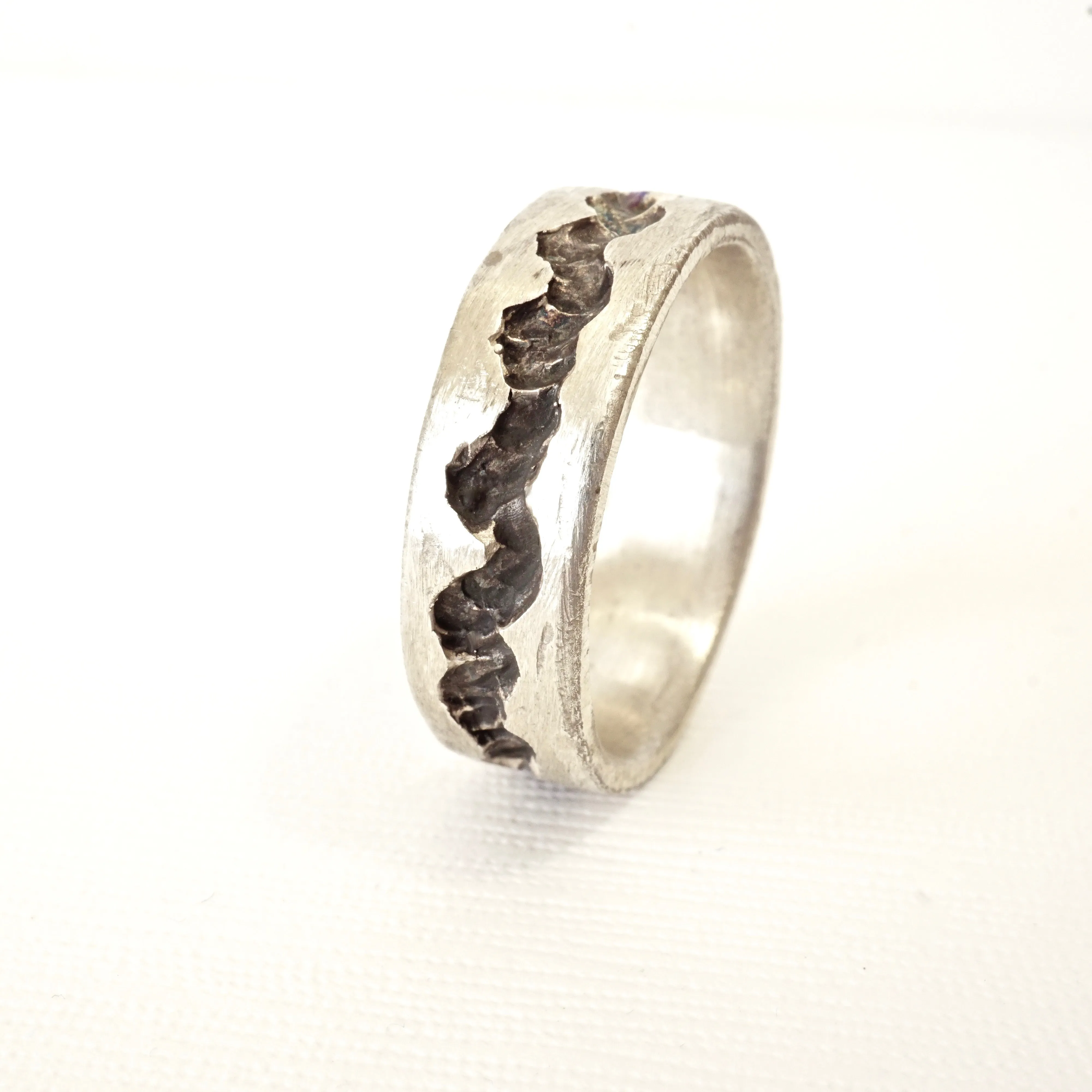 Sterling Silver Men's Wedding Band - Men's Fissure Silver Wedding Band - Mens Jagged Design Wedding Band